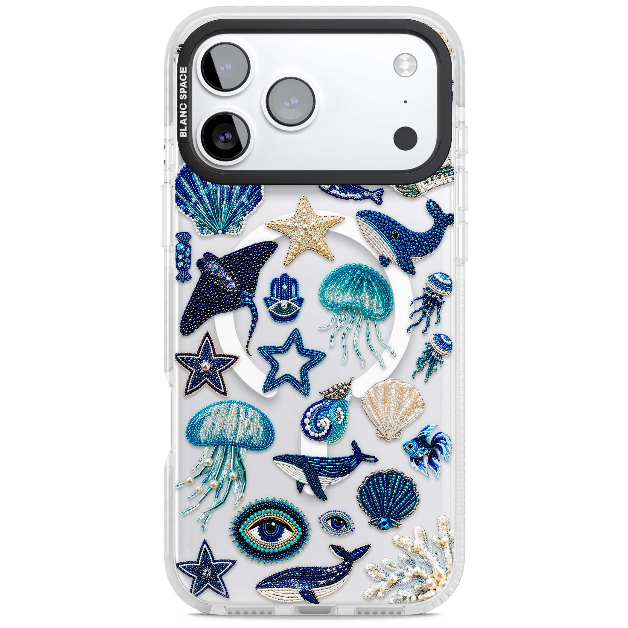 Beaded Coastal coastal iPhone case featuring embroidered seashells, jellyfish and a blue whale on clear | Impact Magsafe case for iPhone 17 Pro, iPhone 17 Pro Max