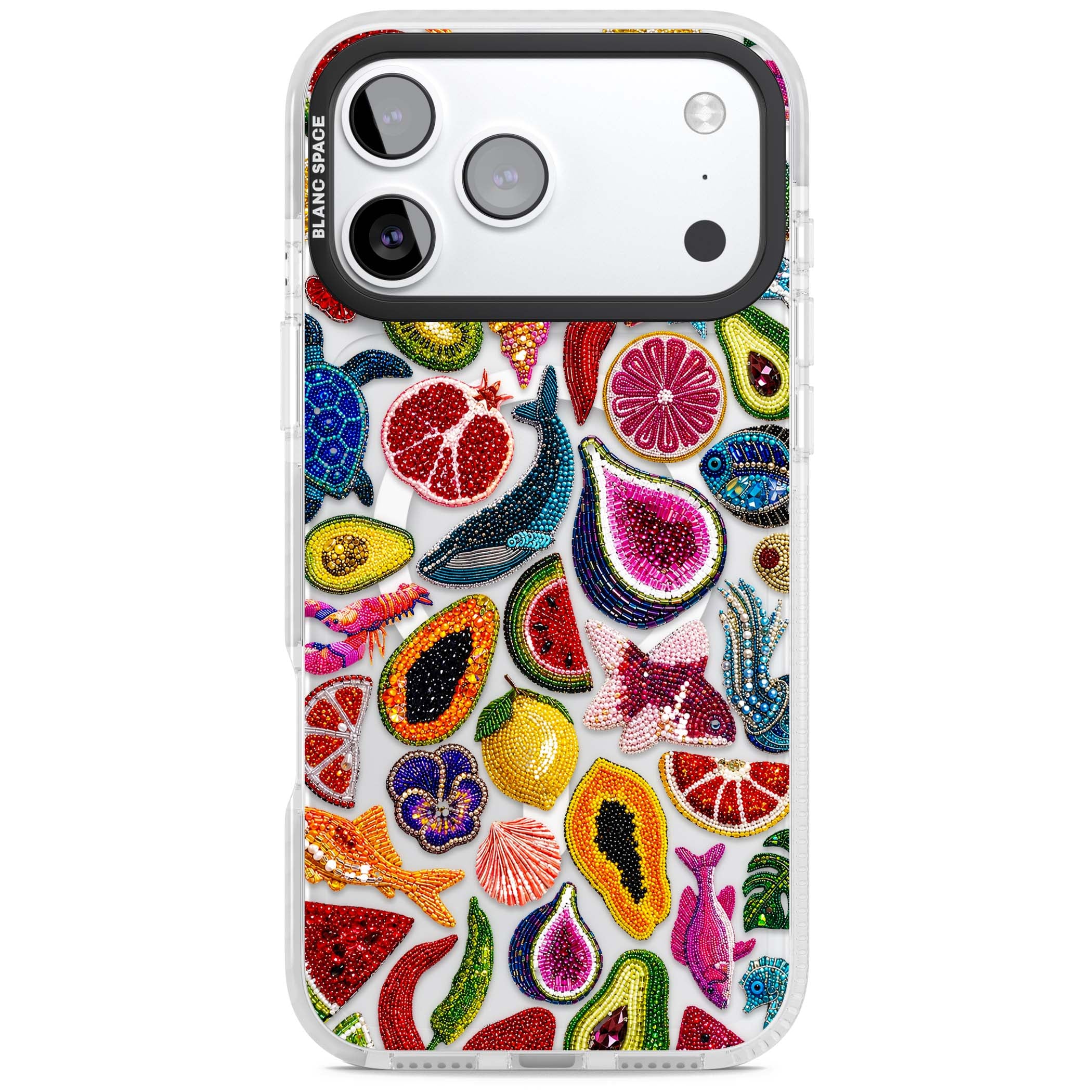 Beaded Tropic tropical iPhone case featuring beaded fruit, fish, crabs and seashells in vibrant colour | Impact Magsafe case for iPhone 17 Pro, iPhone 17 Pro Max