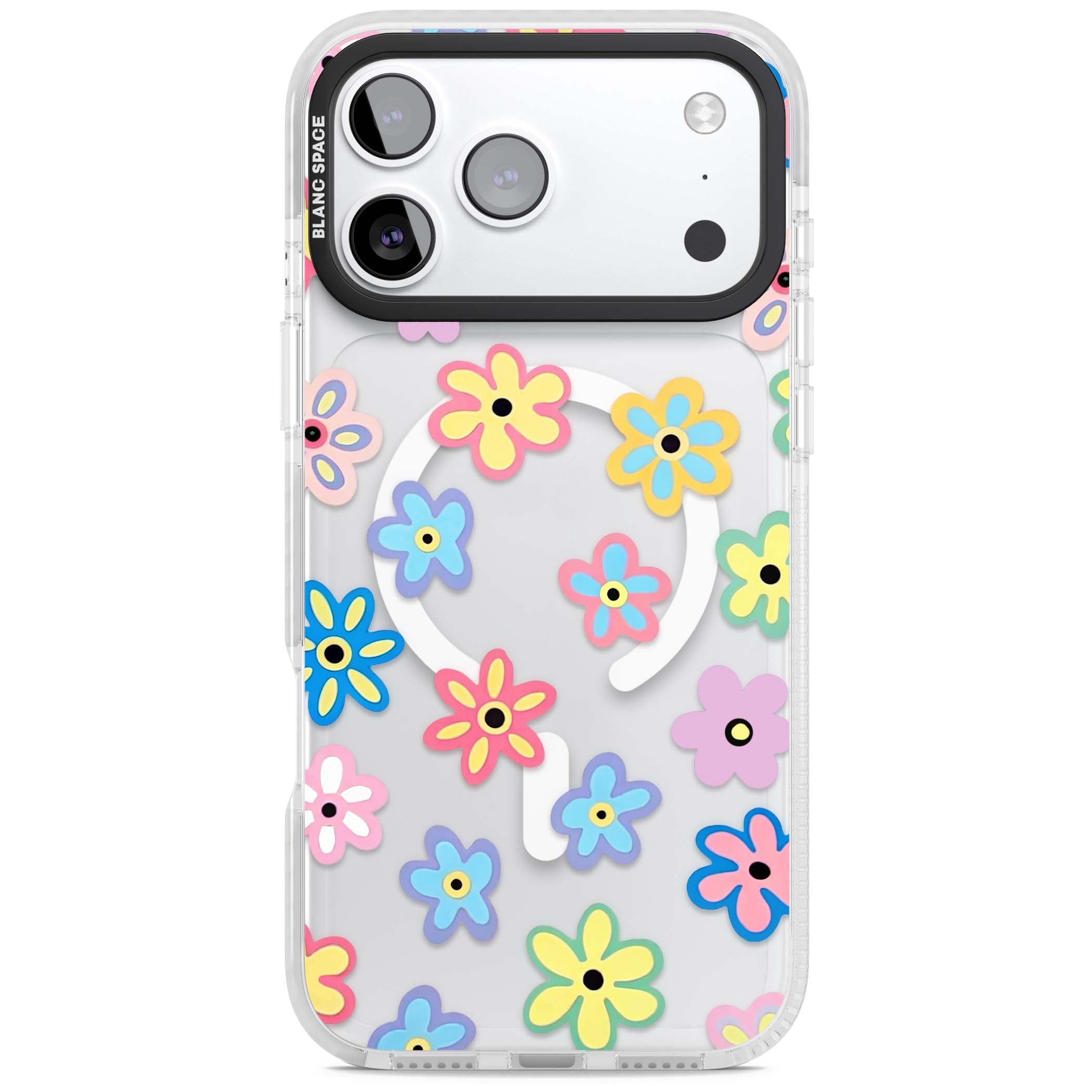 Bloom Pop cottagecore iPhone case featuring multicolor pastel flowers with black centers on clear background | Impact Magsafe case for iPhone 17 Pro, iPhone 17 Pro Max