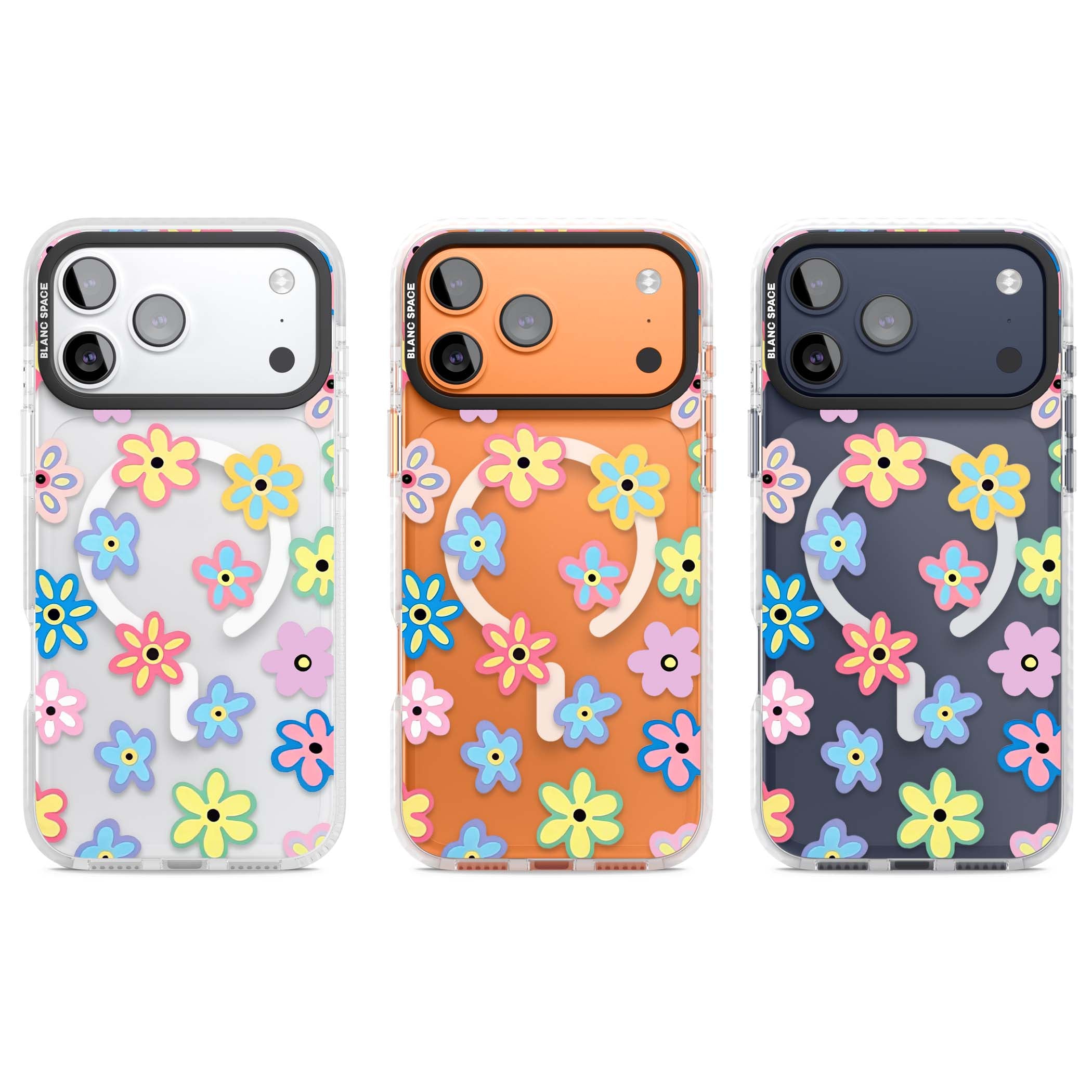 Bloom Pop cottagecore iPhone case featuring multicolor pastel flowers with black centers on clear background | Impact Magsafe case for iPhone 17 Pro, iPhone 17 Pro Max