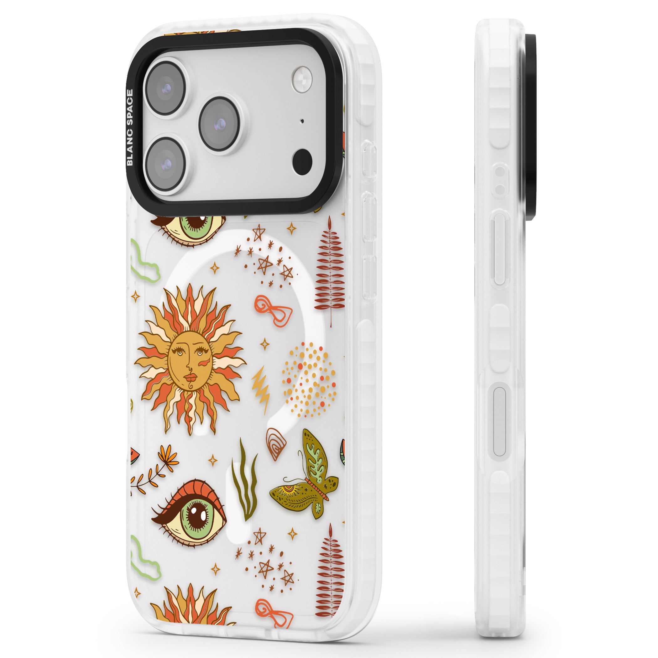 Boho Celestial Sun & Eye Pattern iPhone 17 Pro Impact Pro Clear Phone Case Side Profile