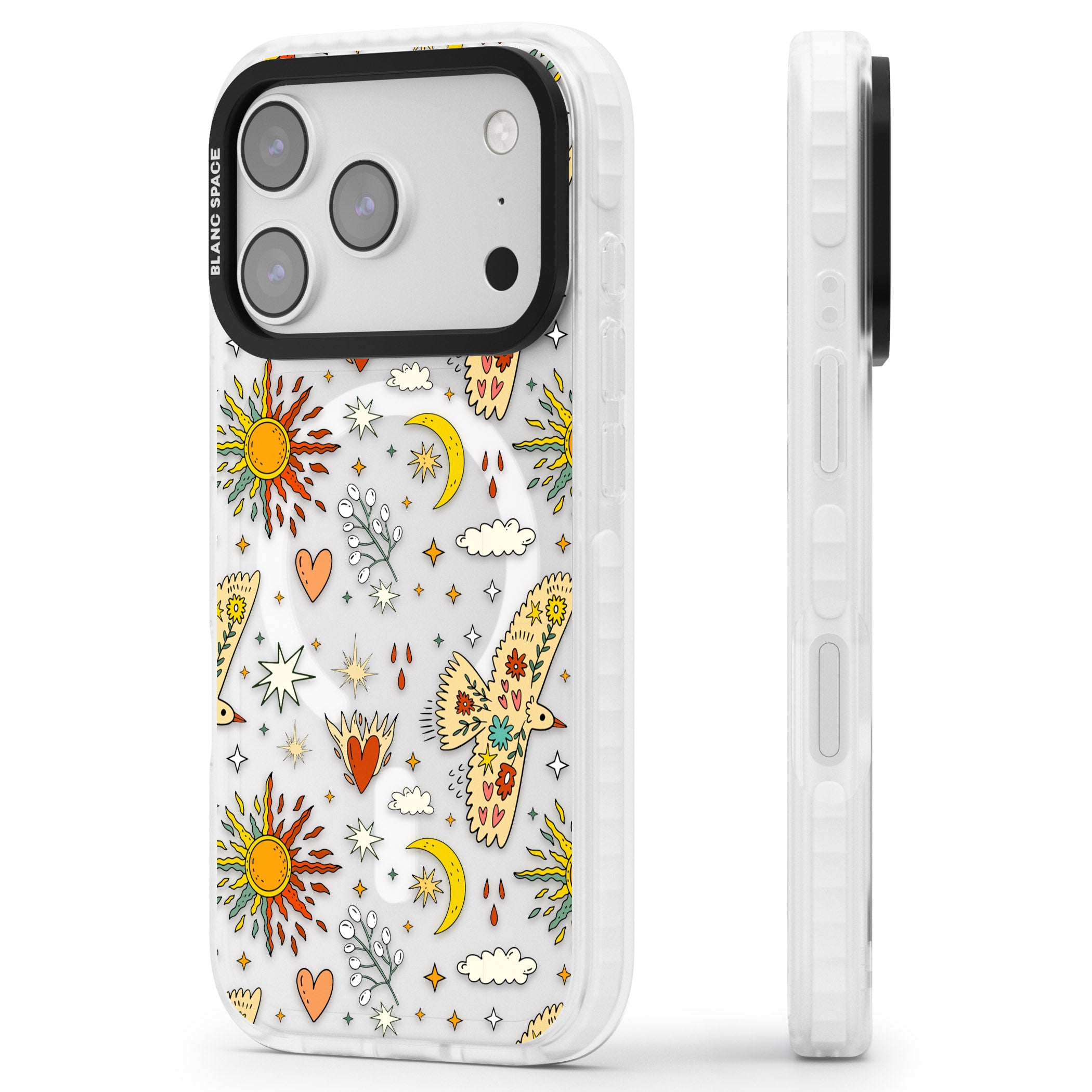 Boho Celestial Floral Bird Sun iPhone 17 Pro Impact Pro Clear Phone Case Side Profile