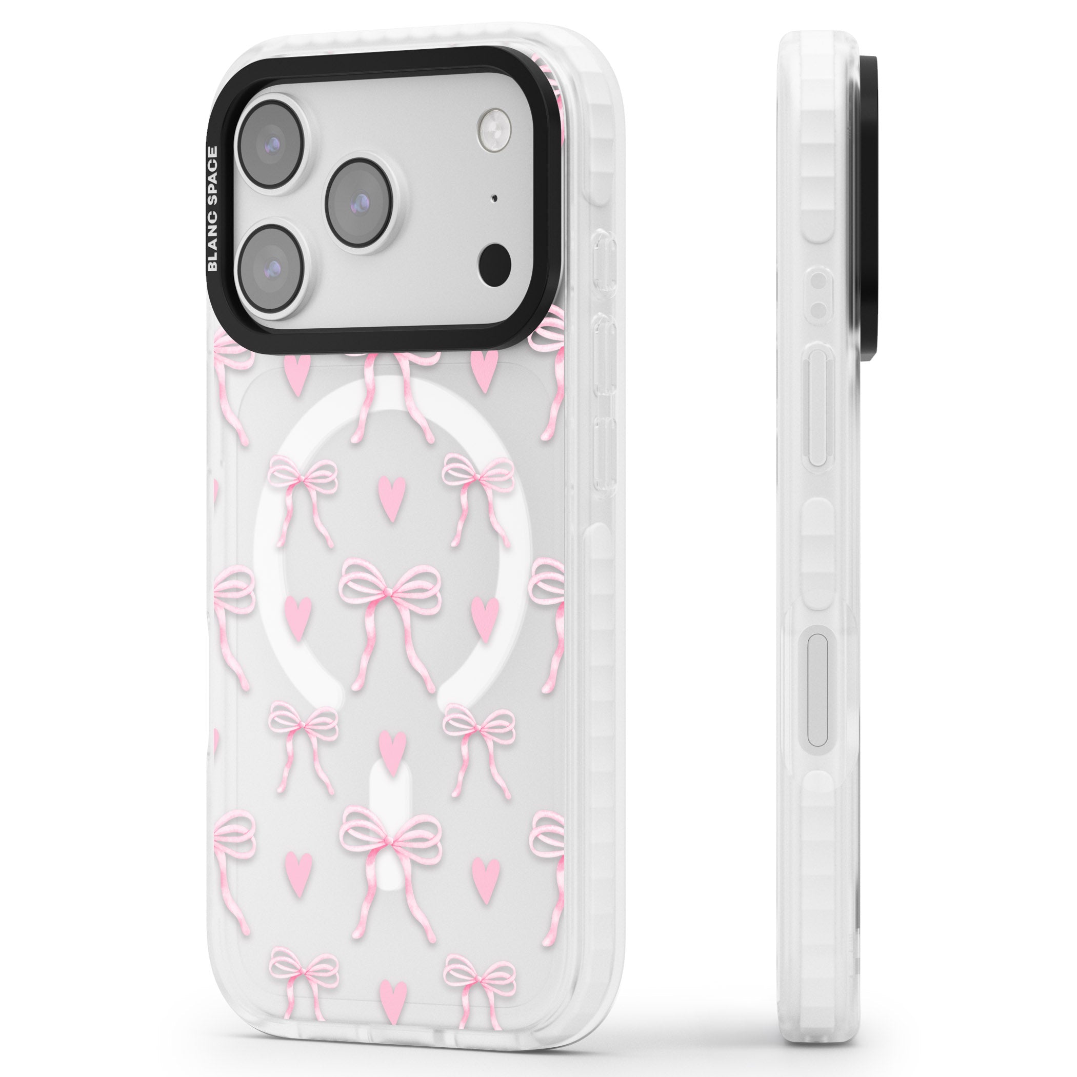 Pink Bows & Hearts iPhone 17 Pro Max Impact Pro Clear Phone Case Side Profile