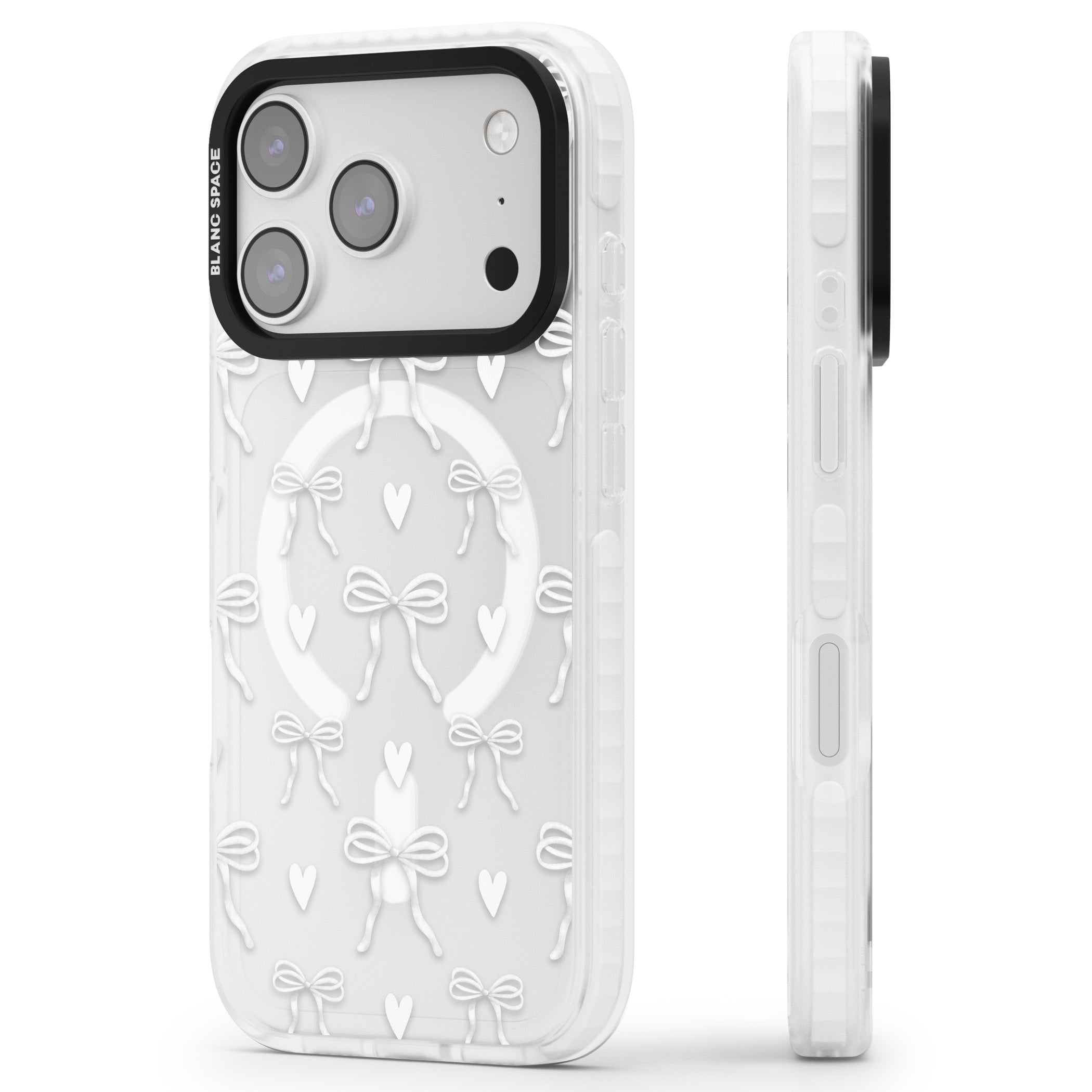 White Bows & Hearts iPhone 17 Pro Max Impact Pro Clear Phone Case Side Profile
