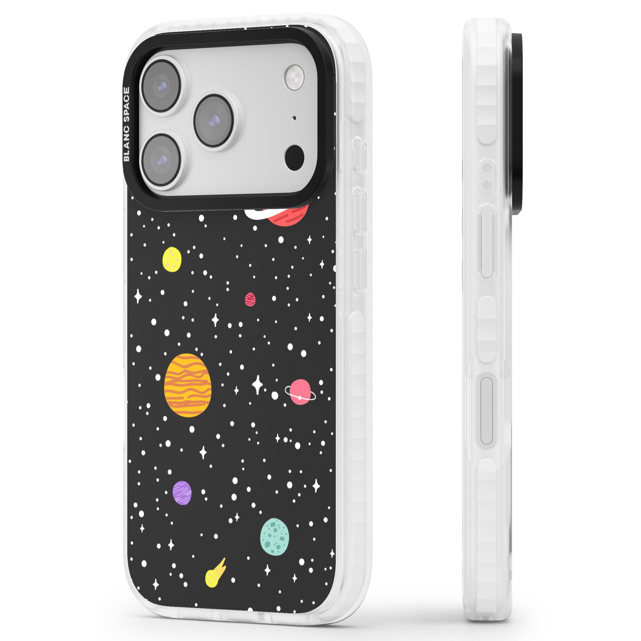 Cute Cartoon Planets iPhone 17 Pro Impact Pro Clear Phone Case Side Profile