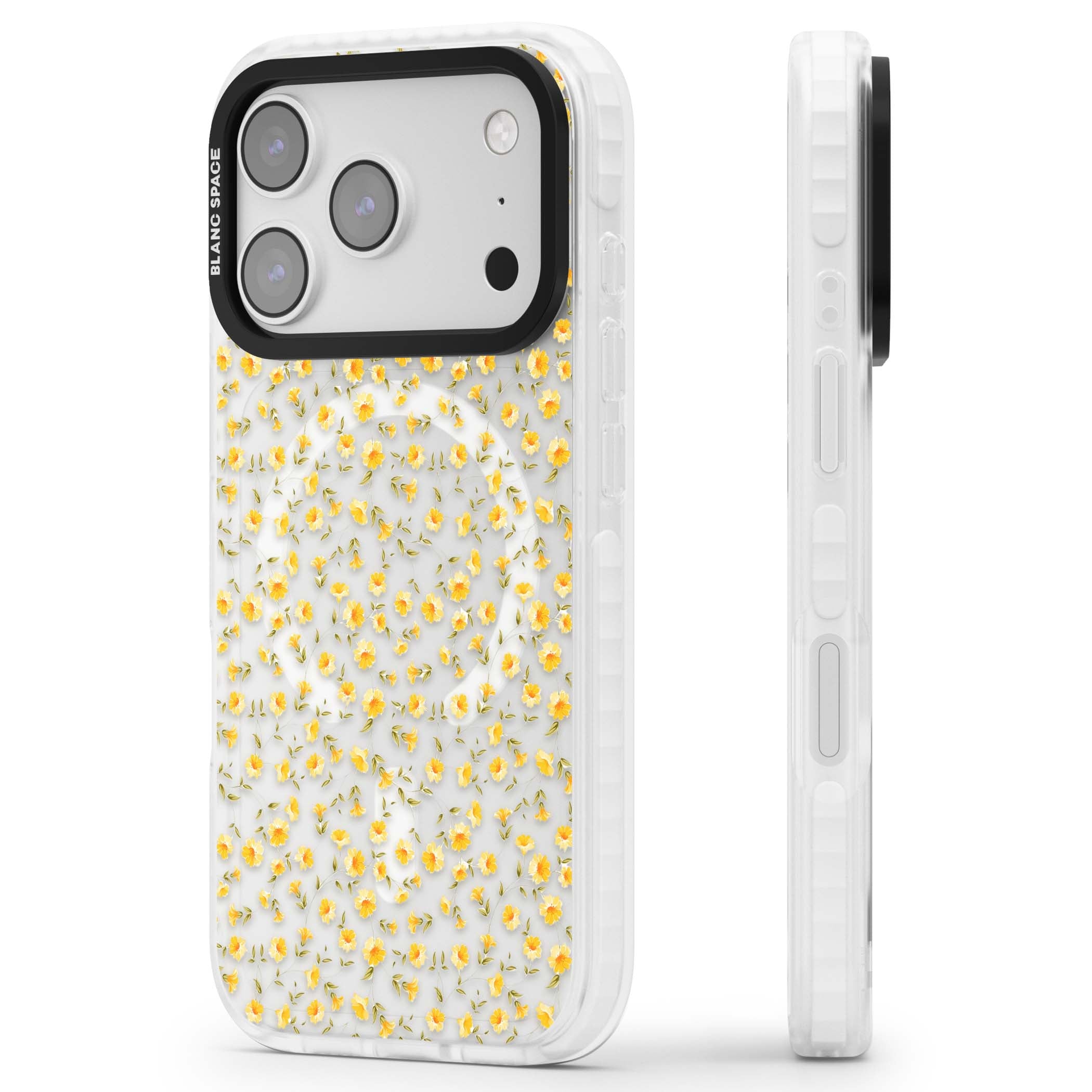 Buttercup wildflower iPhone case featuring tiny yellow flowers and trailing green vines on clear | Impact Magsafe case for iPhone 17 Pro, iPhone 17 Pro Max