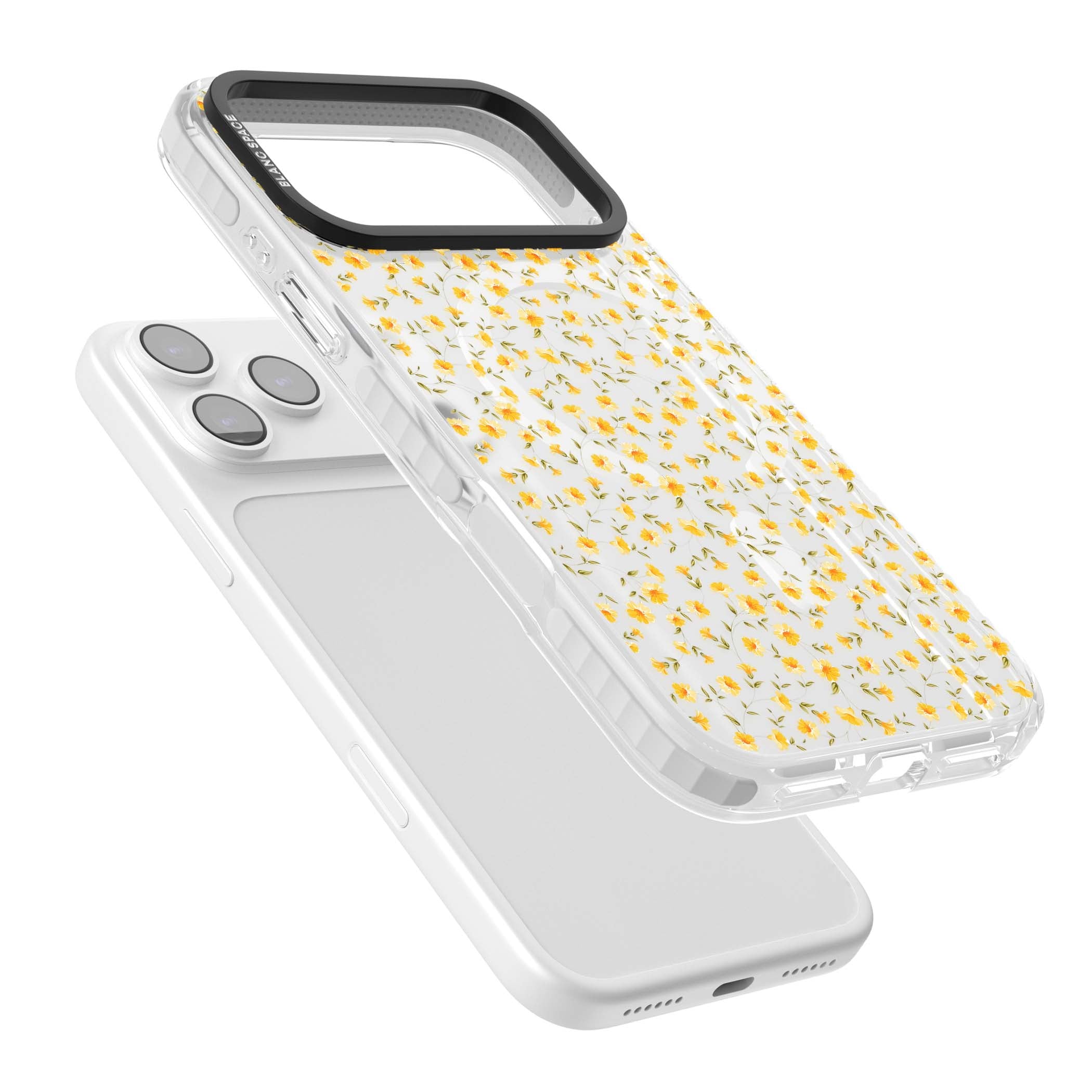 Buttercup wildflower iPhone case featuring tiny yellow flowers and trailing green vines on clear | Impact Magsafe case for iPhone 17 Pro, iPhone 17 Pro Max