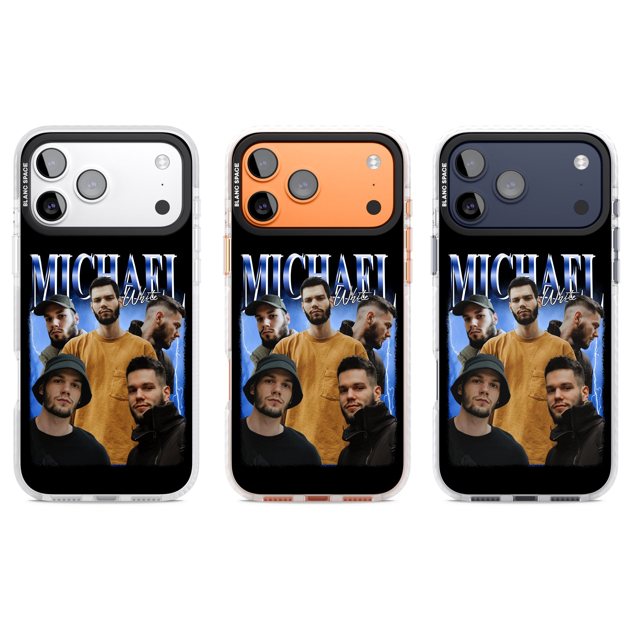 Personalised Airbrush Name & Photo Collage (Blue) iPhone 17 Pro Impact Pro Clear Phone Case APT Impact Protection