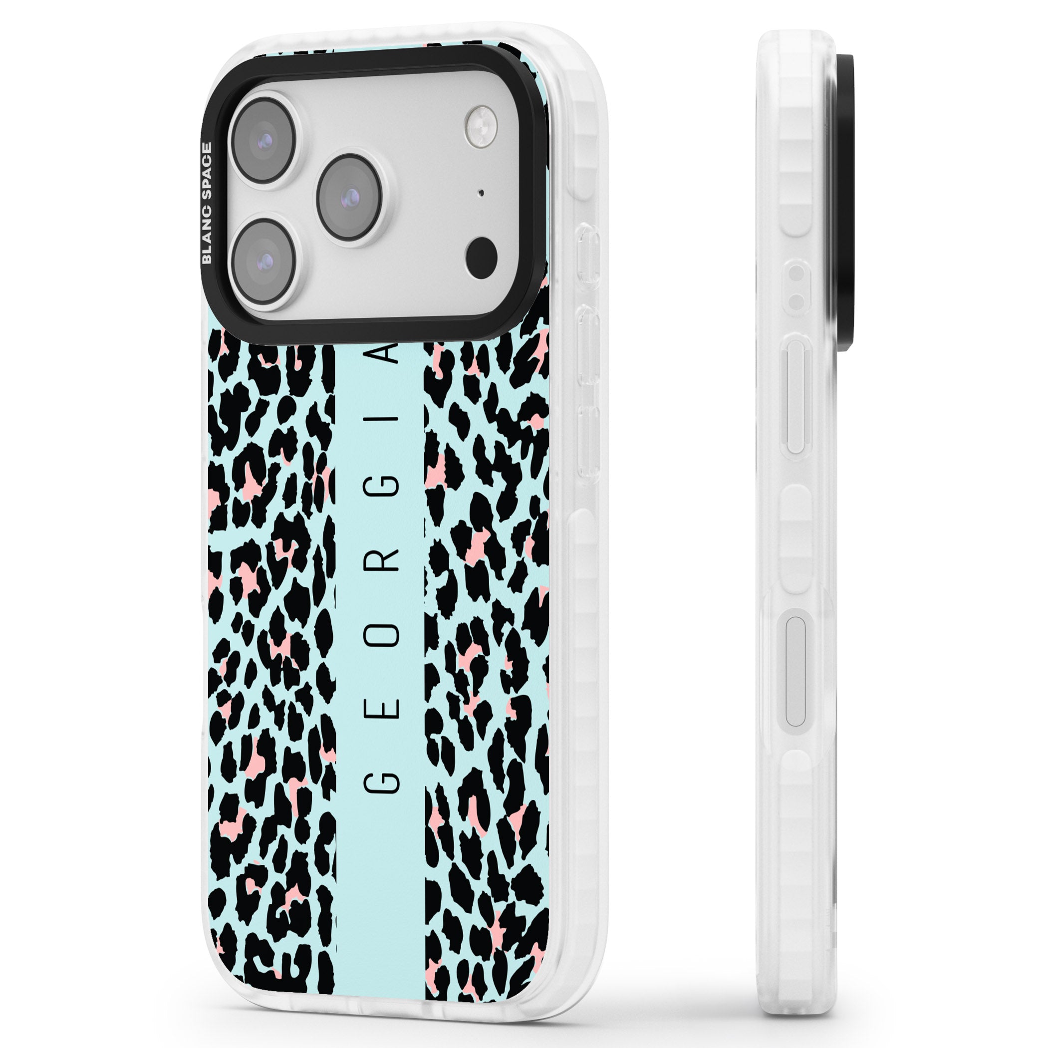 Personalised Blue Leopard iPhone 17 Pro Impact Pro Clear Phone Case Side Profile