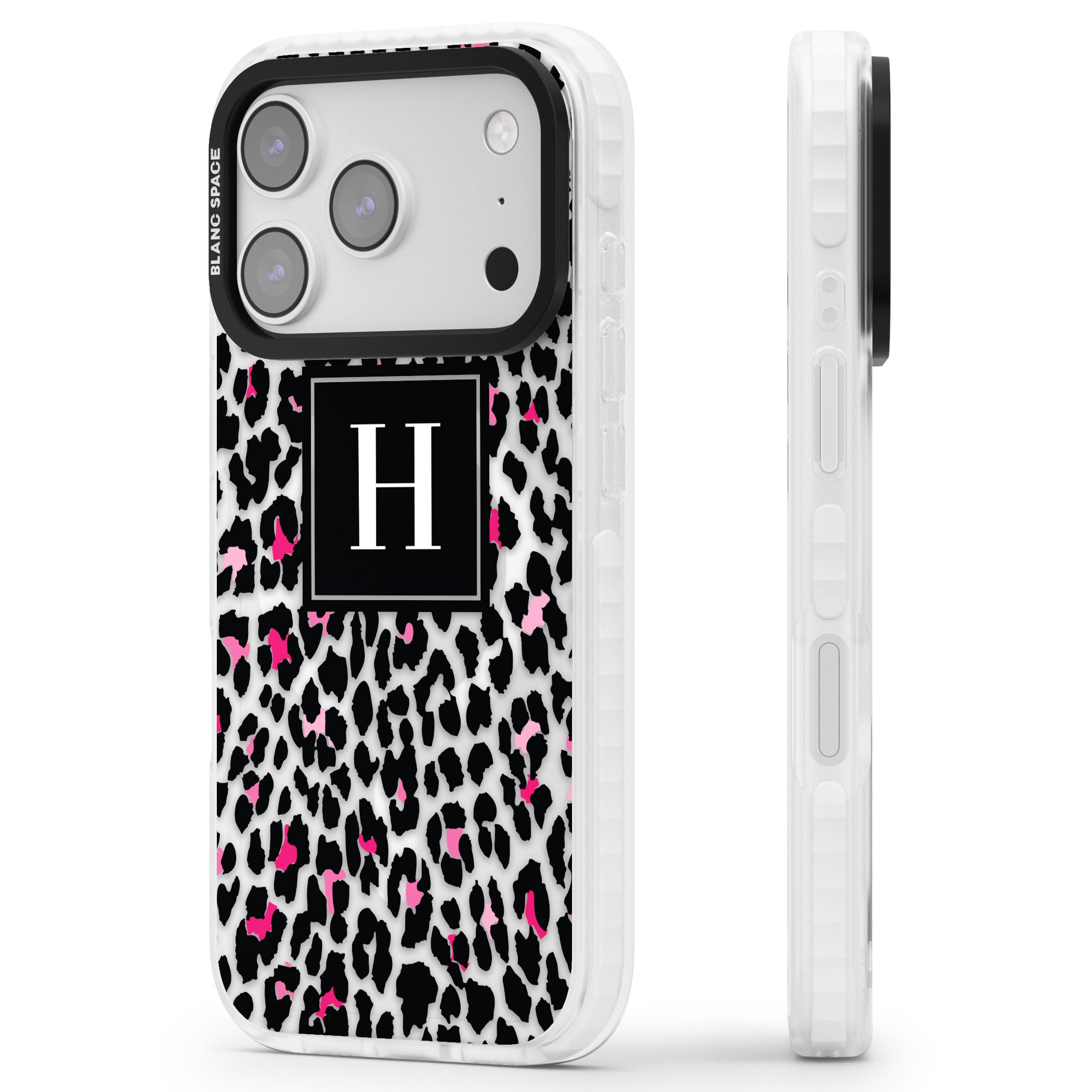 Personalised Clear Pink Leopard Monogram iPhone 17 Pro Impact Pro Clear Phone Case Side Profile