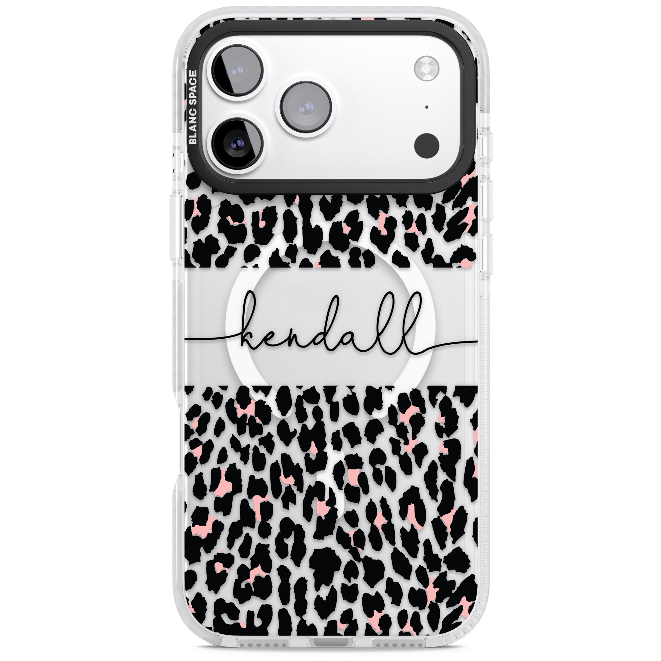 Personalised Cursive Leopard Spots iPhone 17 Pro Impact Pro Clear Phone Case