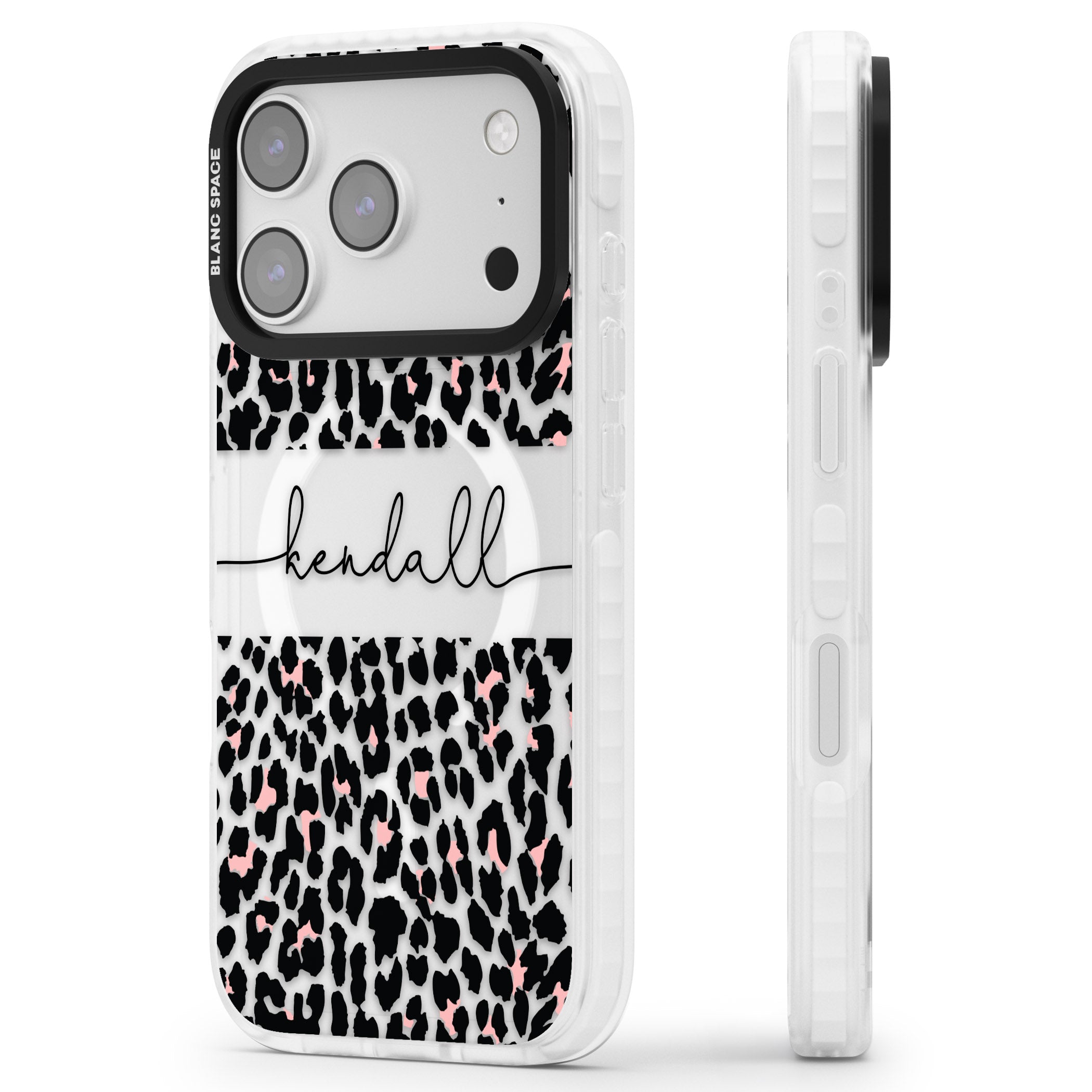 Personalised Cursive Leopard Spots iPhone 17 Pro Impact Pro Clear Phone Case Side Profile
