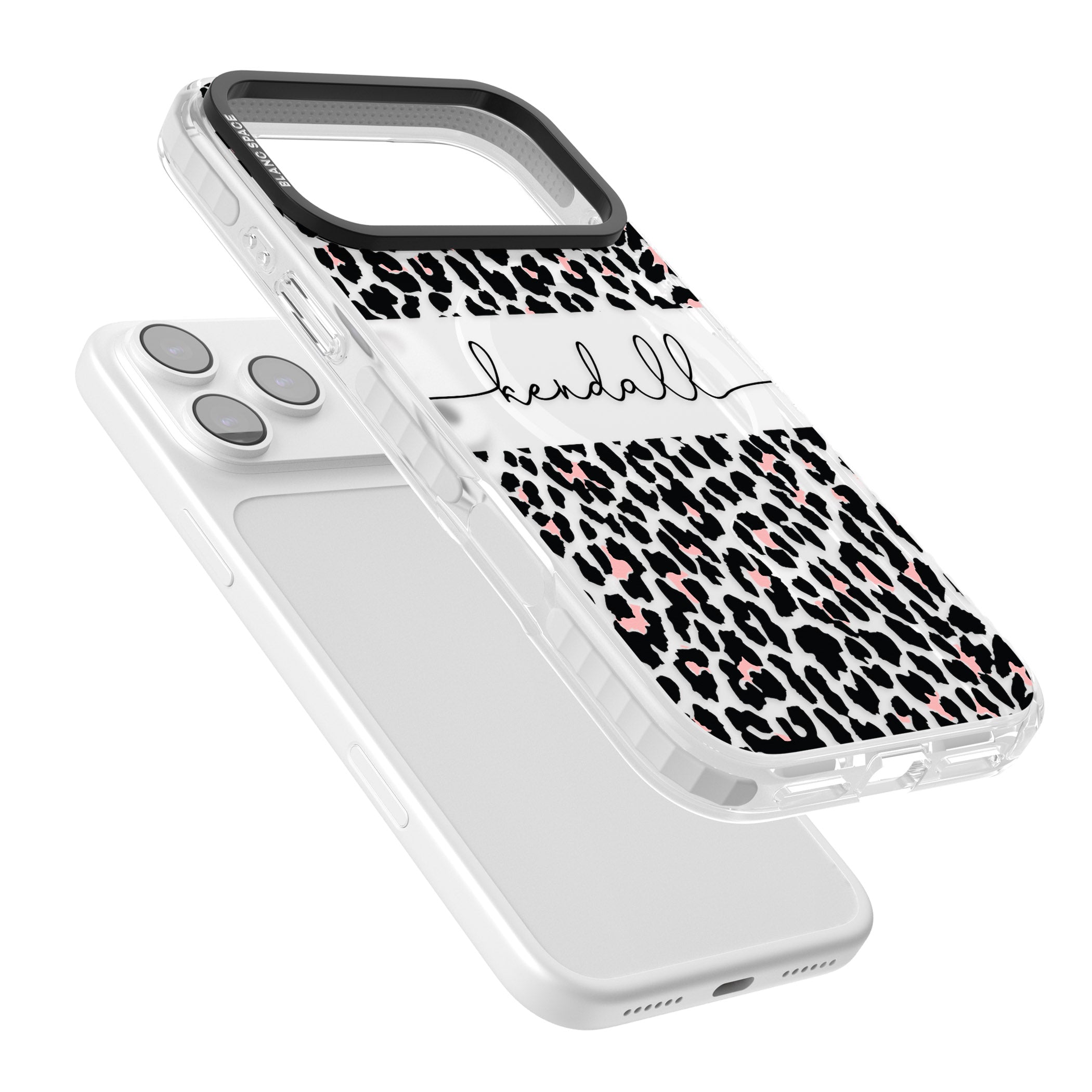 Personalised Cursive Leopard Spots iPhone 17 Pro Impact Pro Clear Phone Case Colours