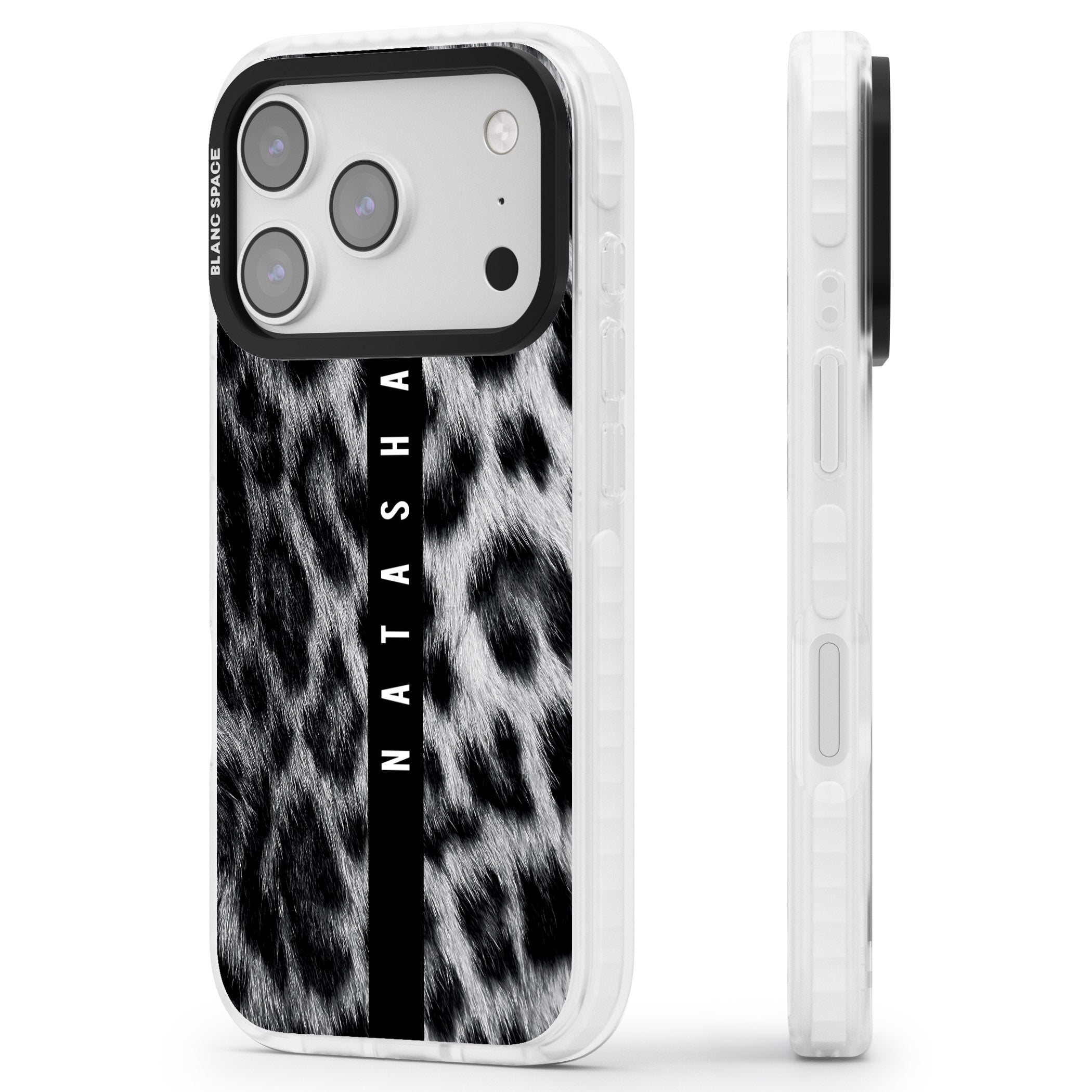 Personalised Snow Leopard Print iPhone 17 Pro Max Impact Pro Clear Phone Case Side Profile