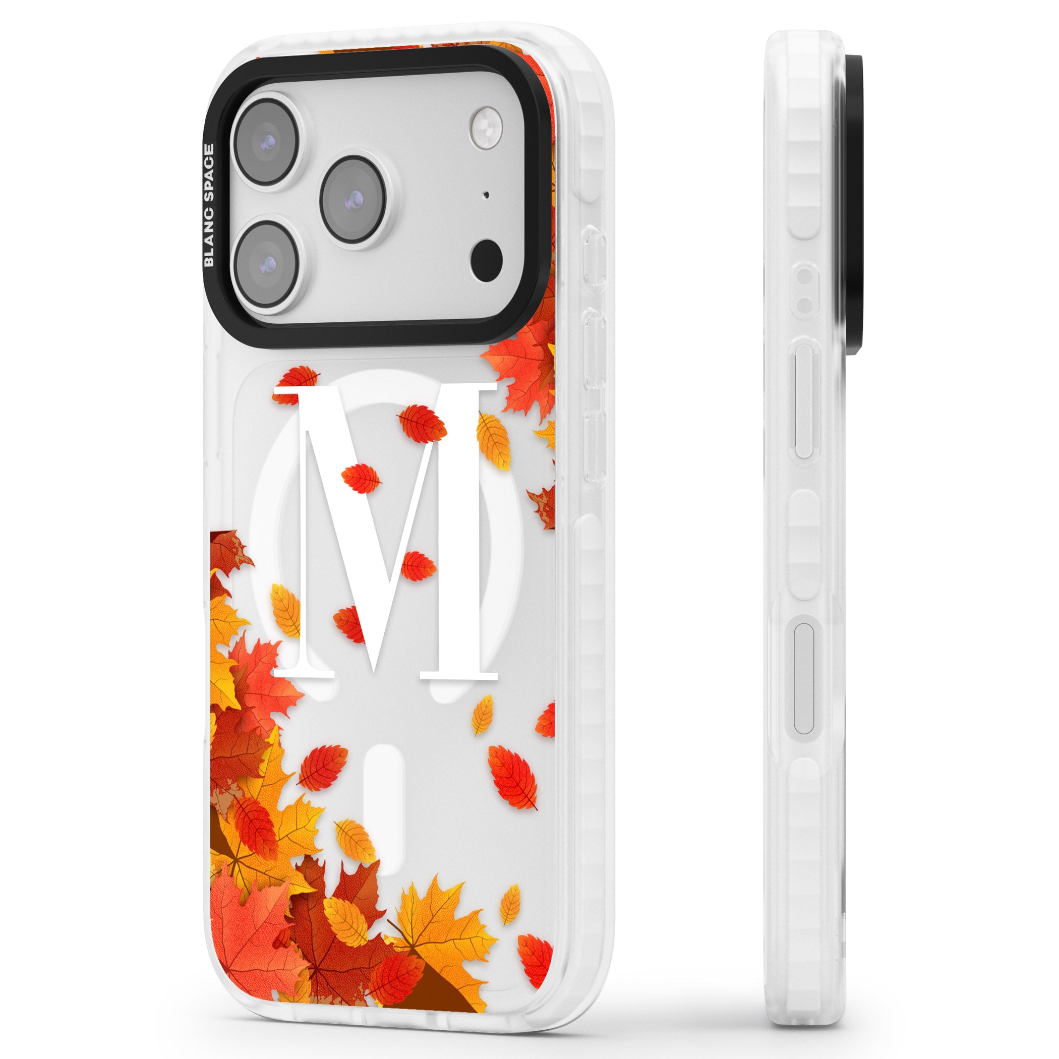 Personalised Autumn Leaves Monogram iPhone 17 Pro Impact Pro Clear Phone Case Side Profile