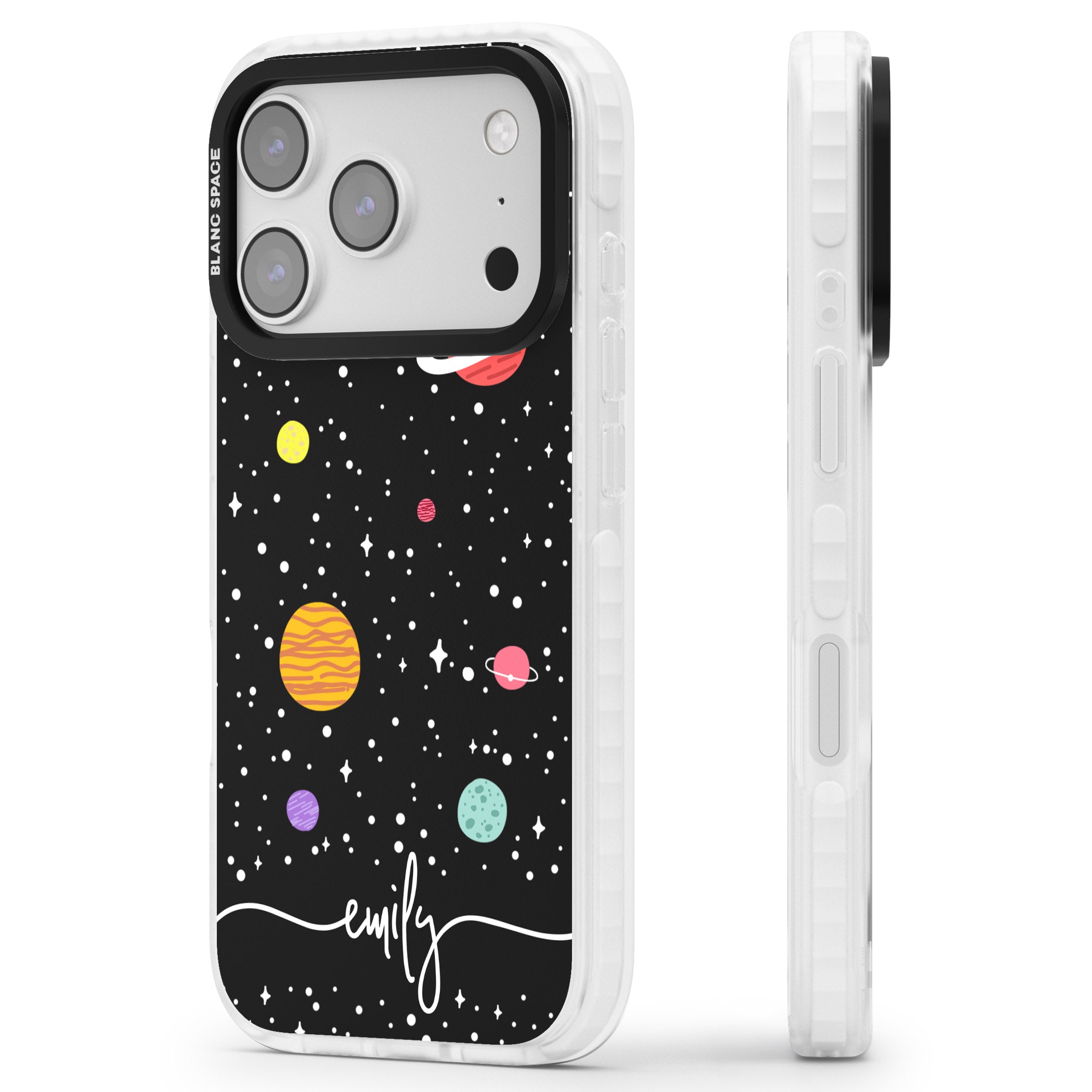 Personalised Cute Cartoon Planet iPhone 17 Pro Impact Pro Clear Phone Case Side Profile