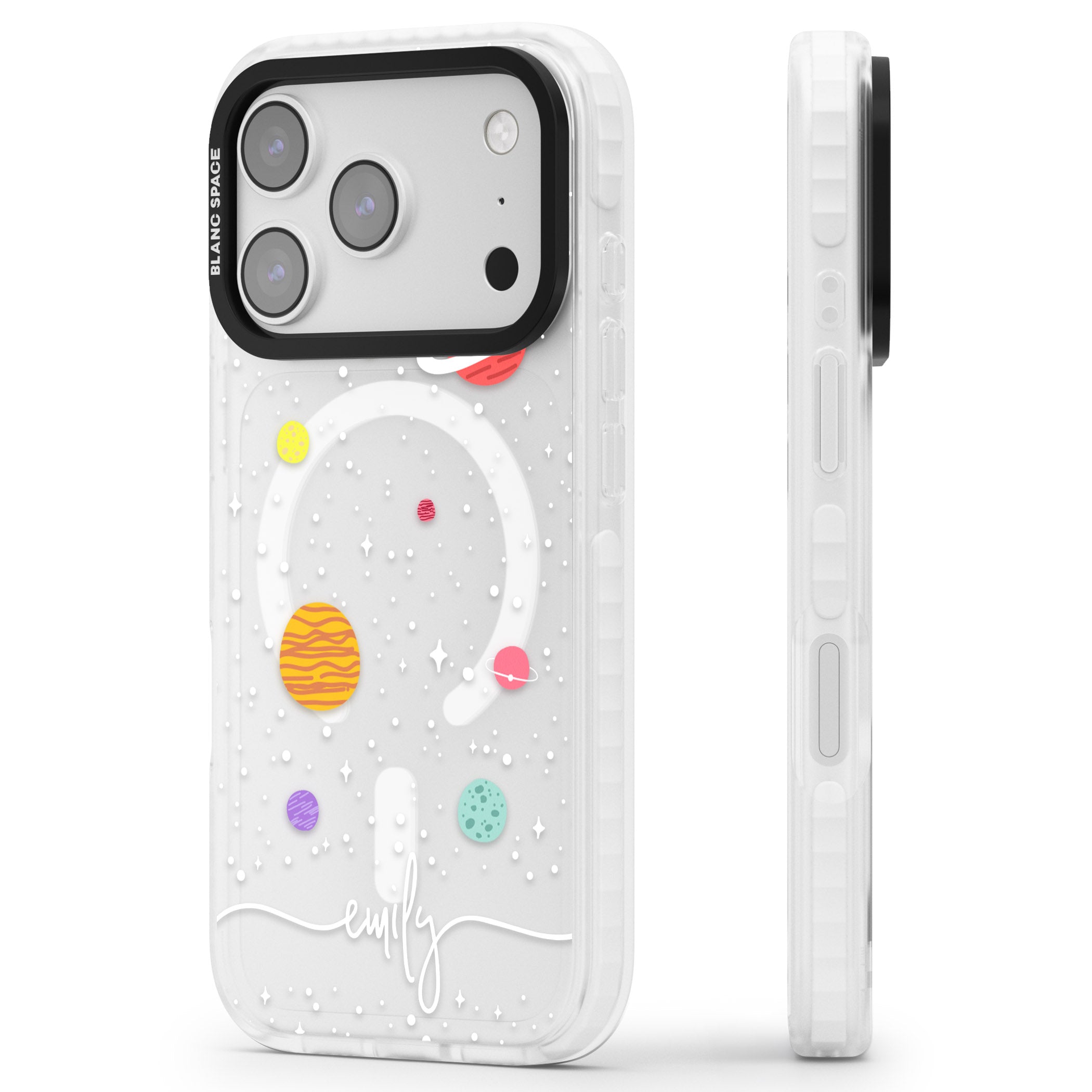 Personalised Cute Cartoon Planet (Clear) iPhone 17 Pro Max Impact Pro Clear Phone Case Side Profile