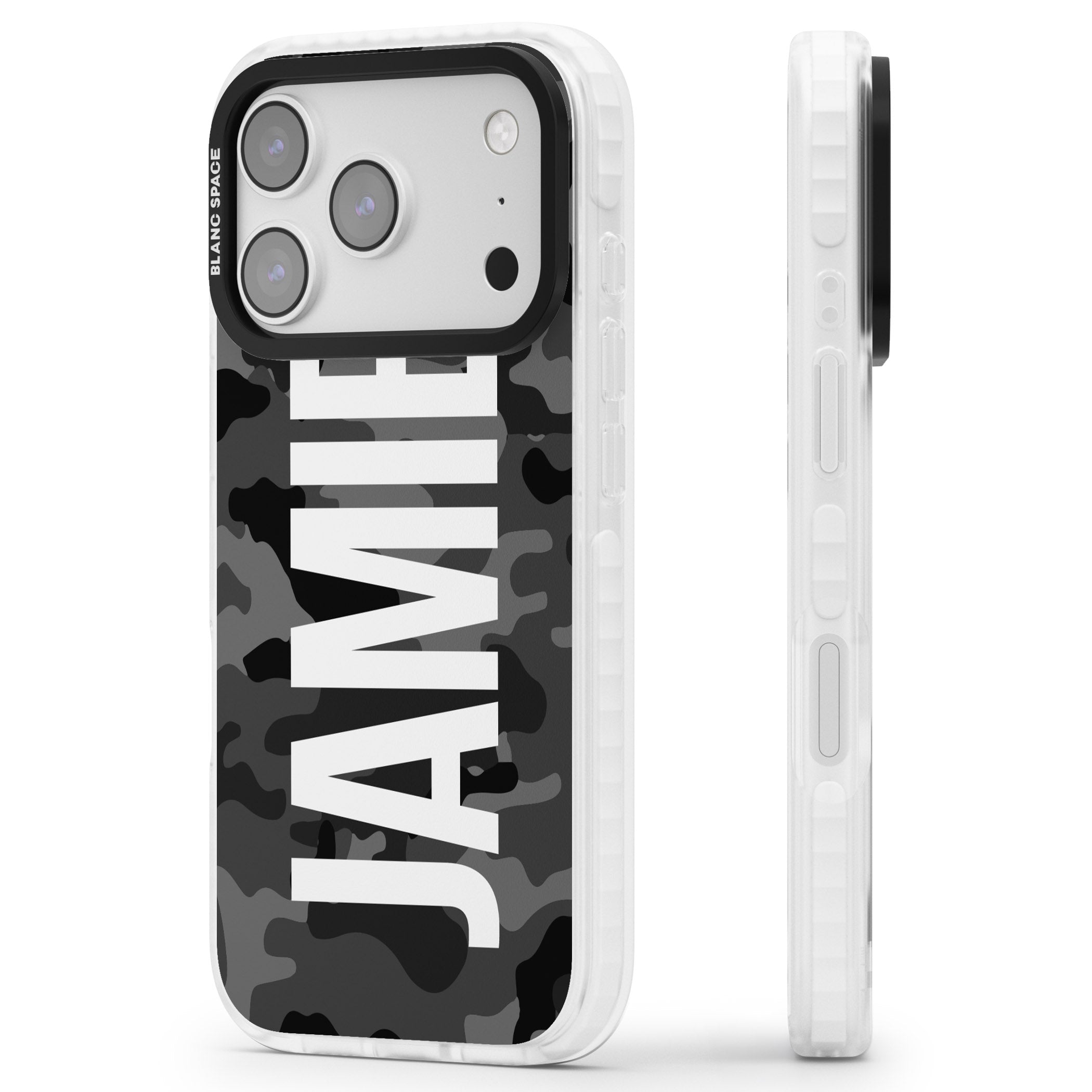 Personalised Black Camo Name Vertical iPhone 17 Pro Max Impact Pro Clear Phone Case Side Profile
