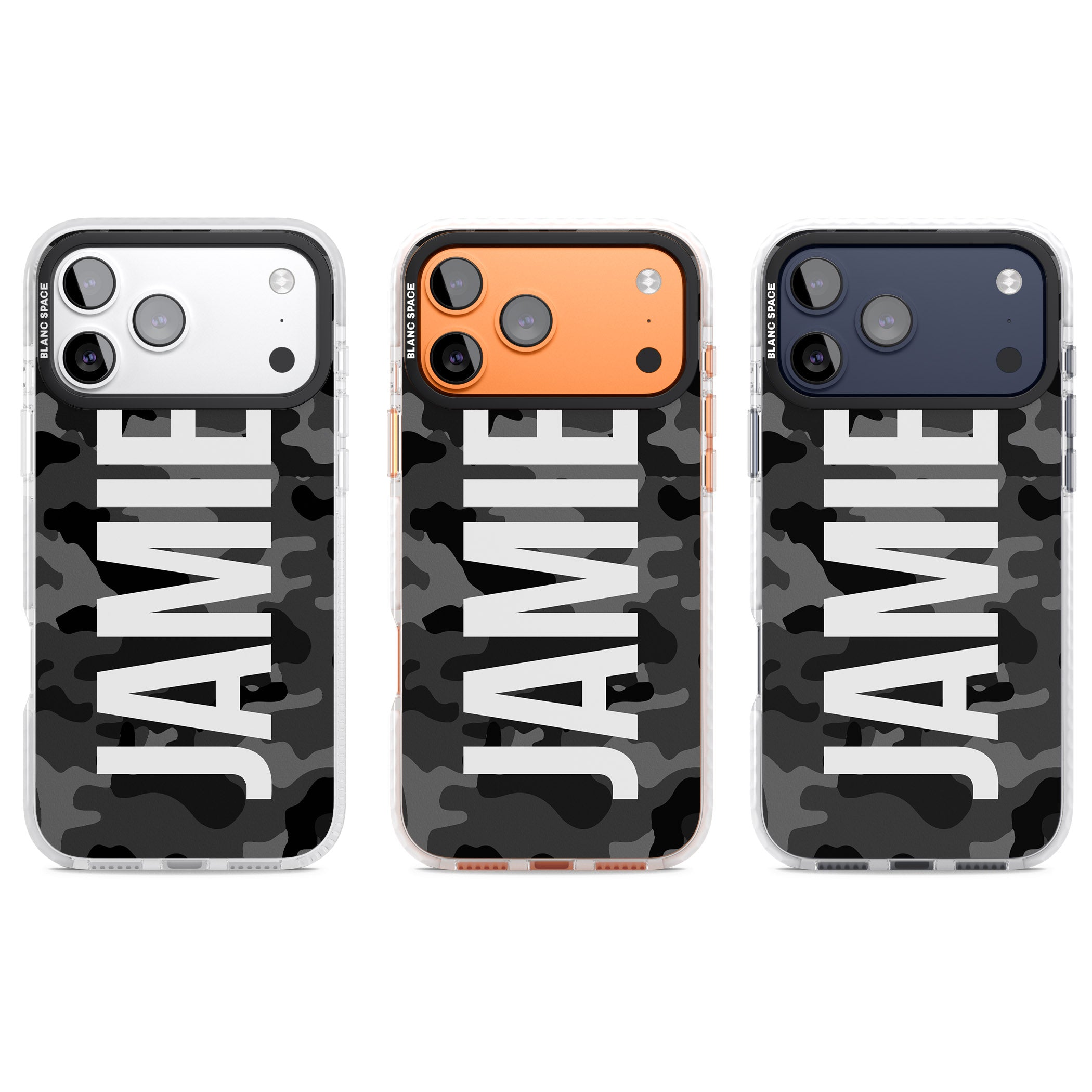 Personalised Black Camo Name Vertical iPhone 17 Pro Impact Pro Clear Phone Case APT Impact Protection