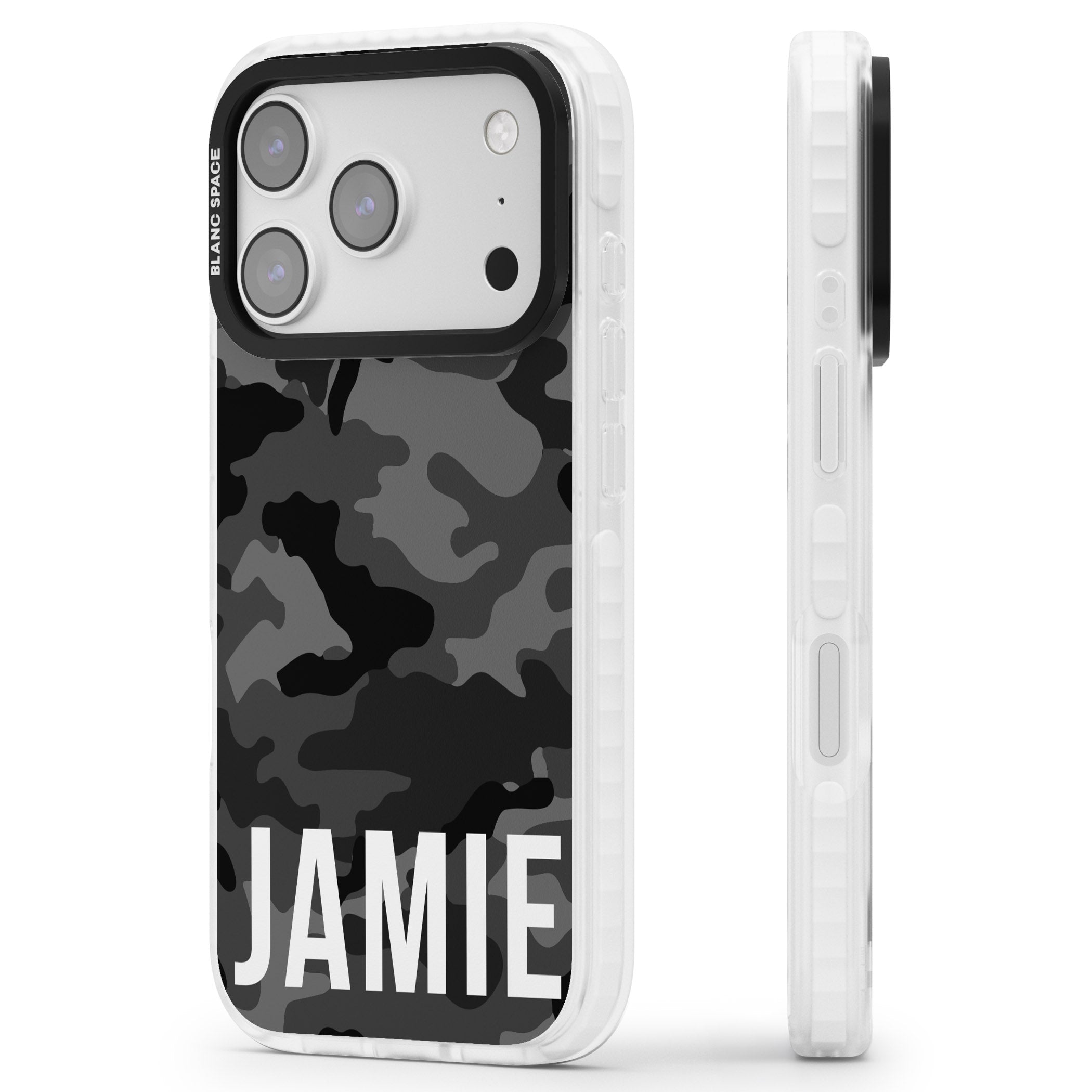 Personalised Black Camo Name Horizontal iPhone 17 Pro Impact Pro Clear Phone Case Side Profile