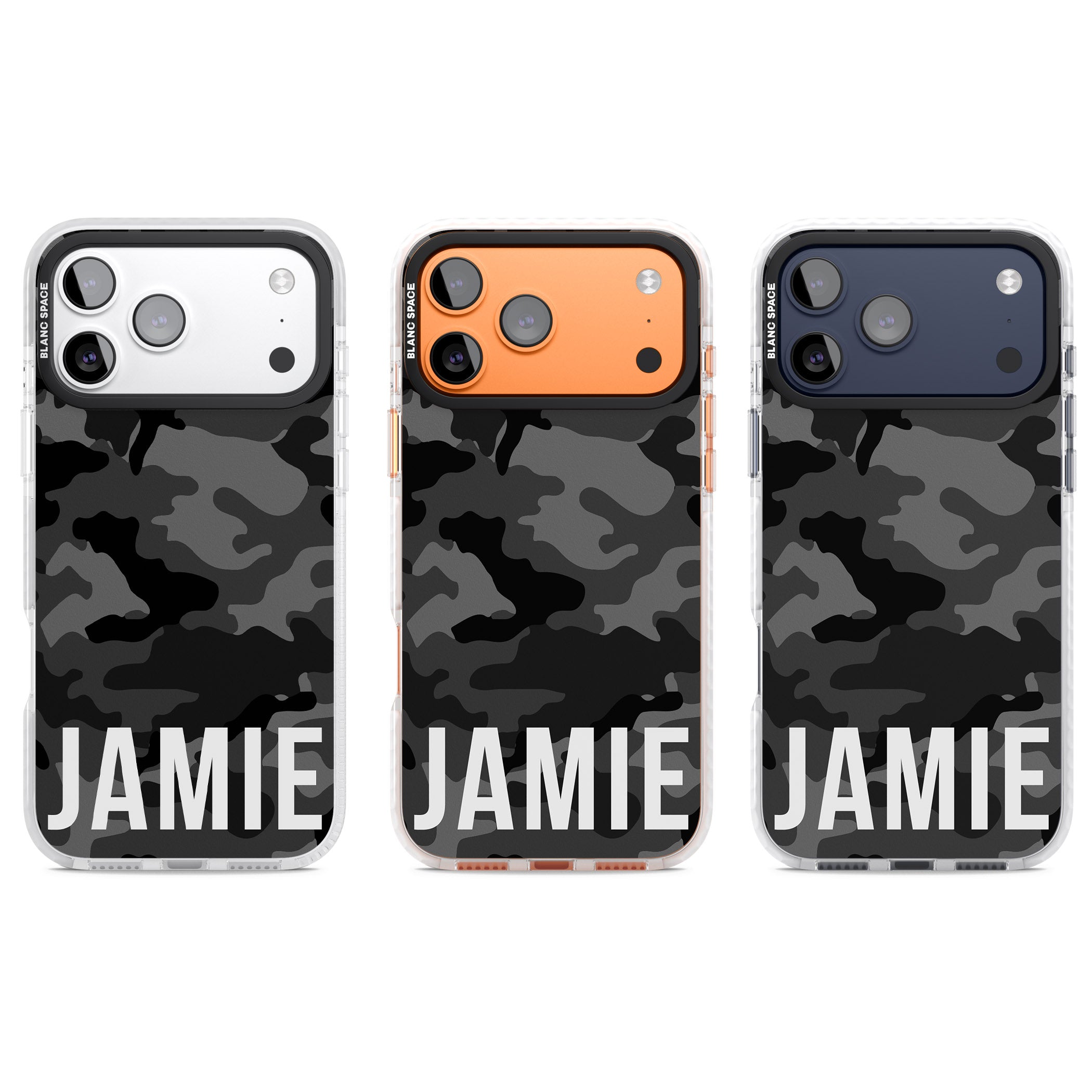 Personalised Black Camo Name Horizontal iPhone 17 Pro Impact Pro Clear Phone Case APT Impact Protection