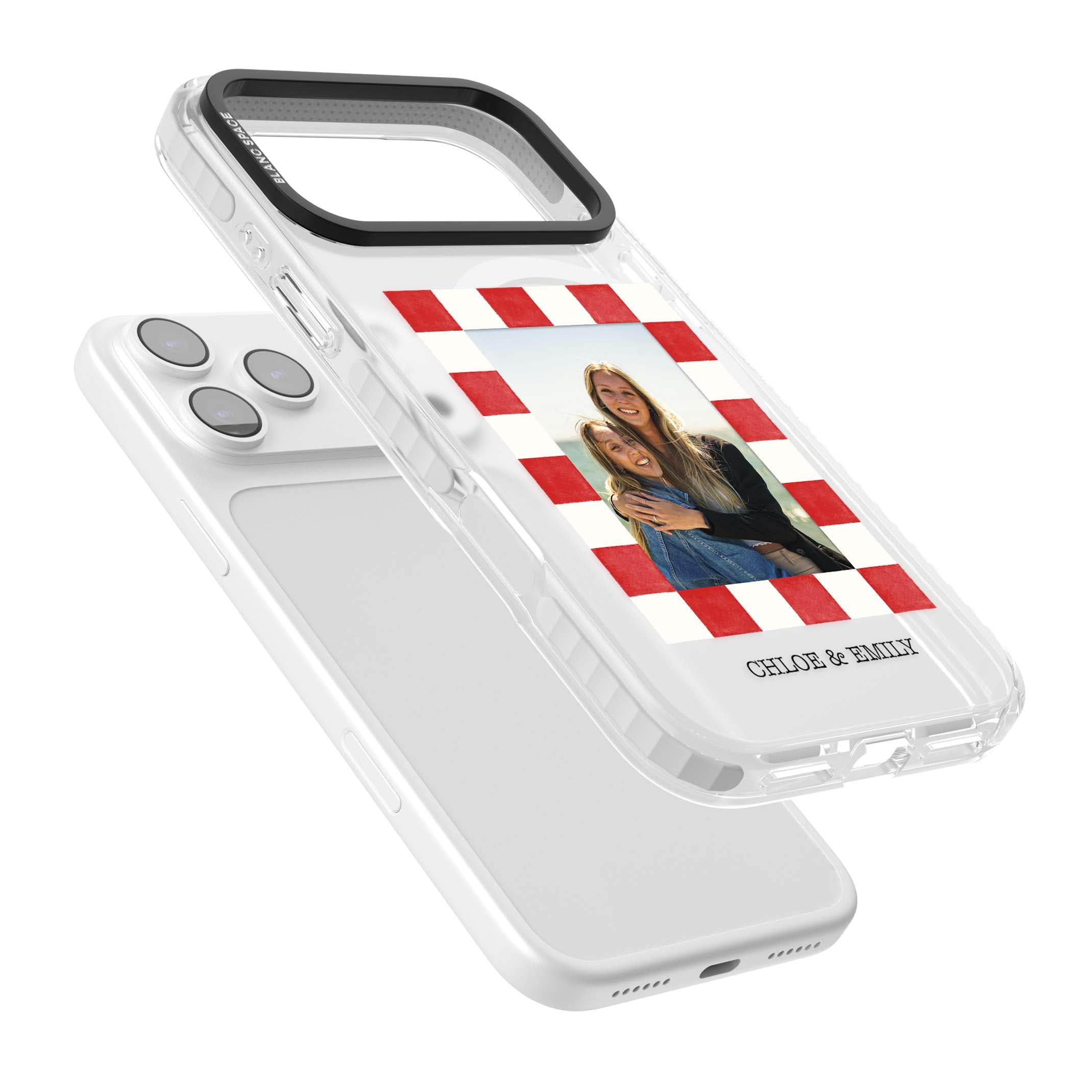 Red Check Photo personalised photo iPhone case with red and white checkered polaroid frame and custom couple name | Impact Magsafe case for iPhone 17 Pro, iPhone 17 Pro Max
