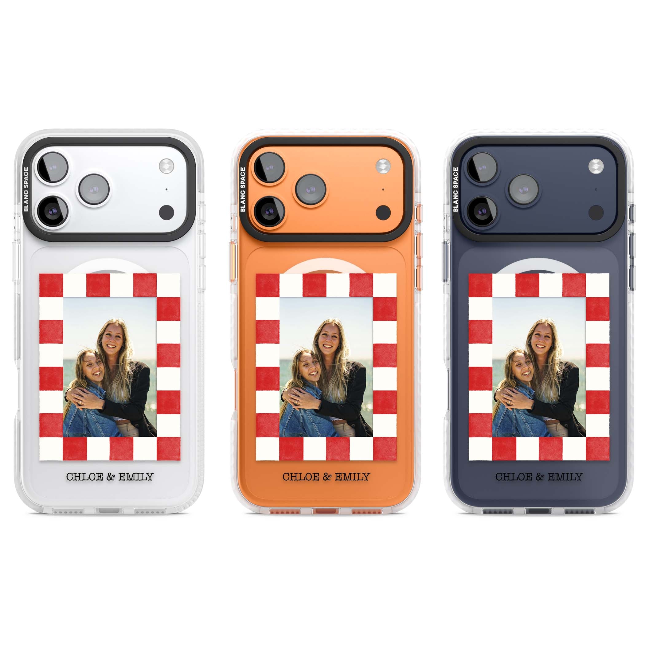 Red Check Photo personalised photo iPhone case with red and white checkered polaroid frame and custom couple name | Impact Magsafe case for iPhone 17 Pro, iPhone 17 Pro Max