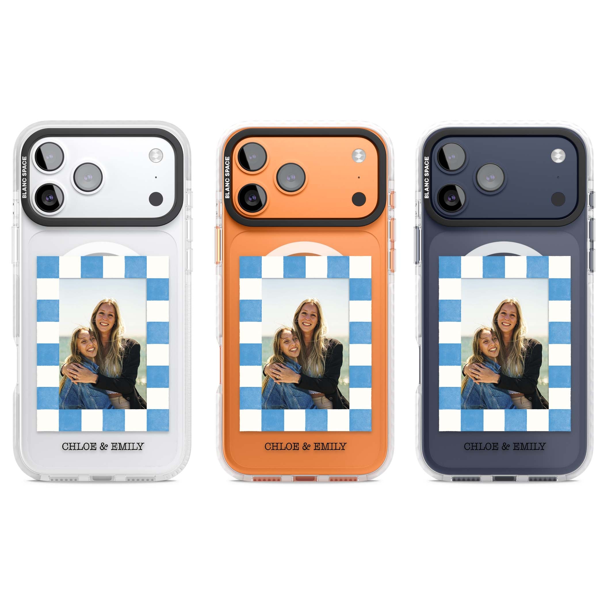 Blue Check Photo personalised photo iPhone case with blue checkered frame and custom couple names | Impact Magsafe case for iPhone 17 Pro, iPhone 17 Pro Max