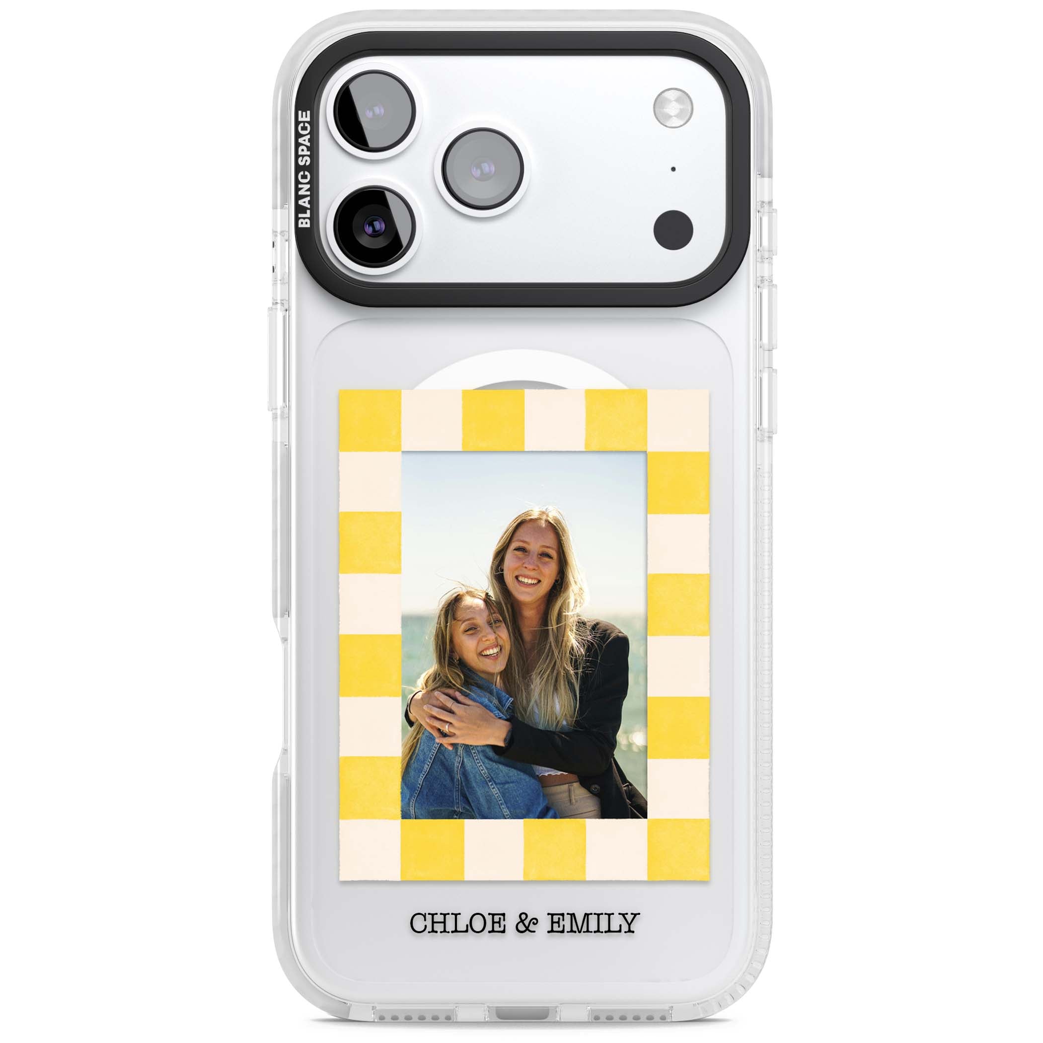 Yellow Check Photo personalised iPhone case with yellow checkered Polaroid frame and custom names beneath | Impact Magsafe case for iPhone 17 Pro, iPhone 17 Pro Max