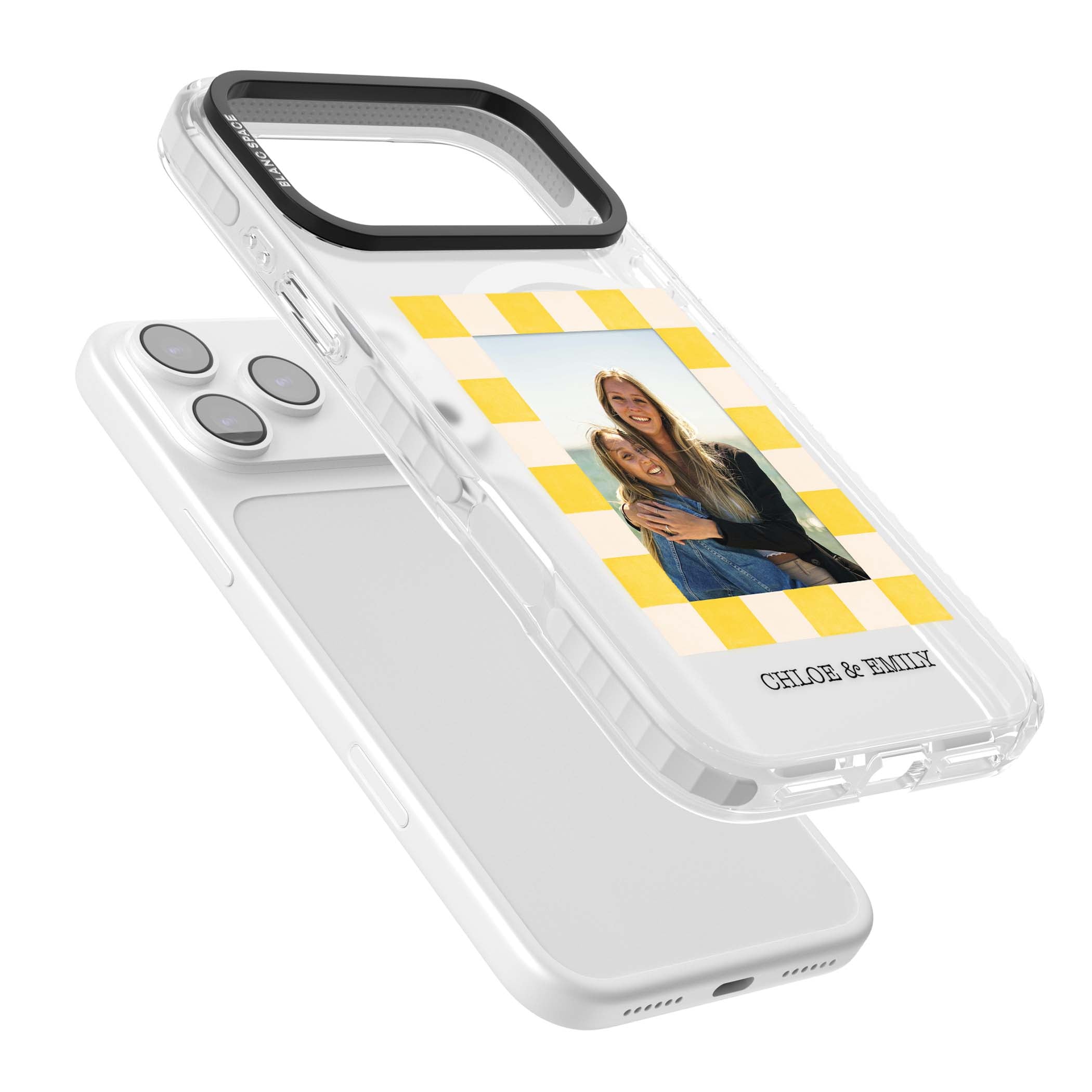 Yellow Check Photo personalised iPhone case with yellow checkered Polaroid frame and custom names beneath | Impact Magsafe case for iPhone 17 Pro, iPhone 17 Pro Max