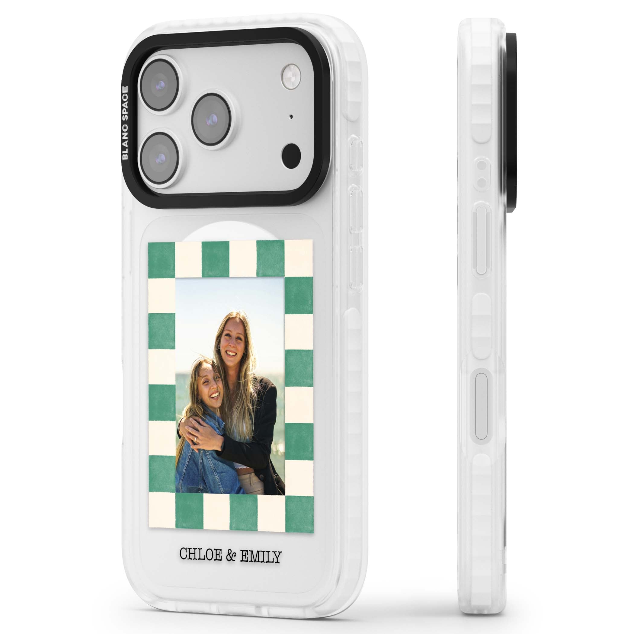 Seafoam Check Photo personalised iPhone case featuring a custom polaroid photo, green and cream checkered frame, and custom n | Impact Magsafe case for iPhone 17 Pro, iPhone 17 Pro Max