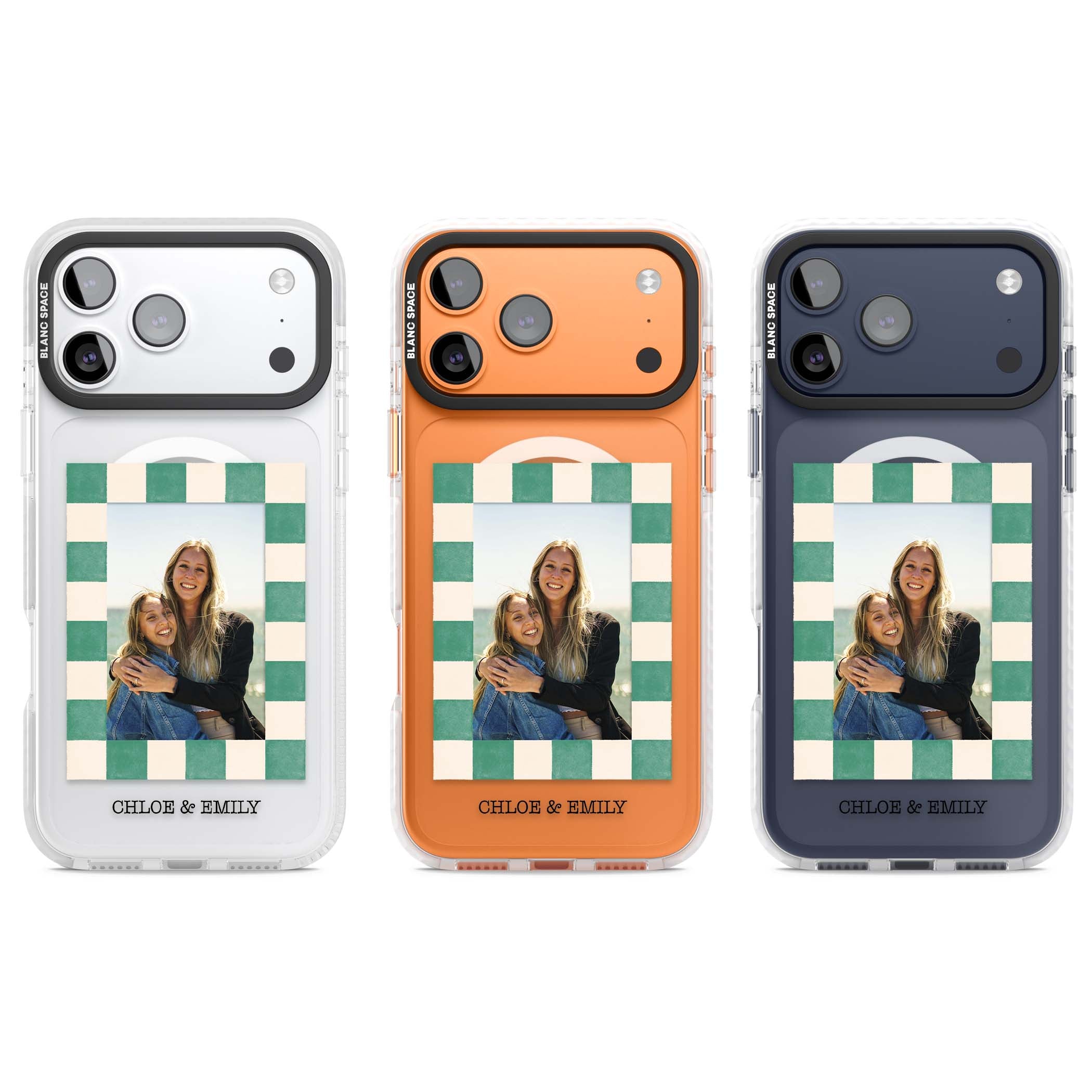 Seafoam Check Photo personalised iPhone case featuring a custom polaroid photo, green and cream checkered frame, and custom n | Impact Magsafe case for iPhone 17 Pro, iPhone 17 Pro Max