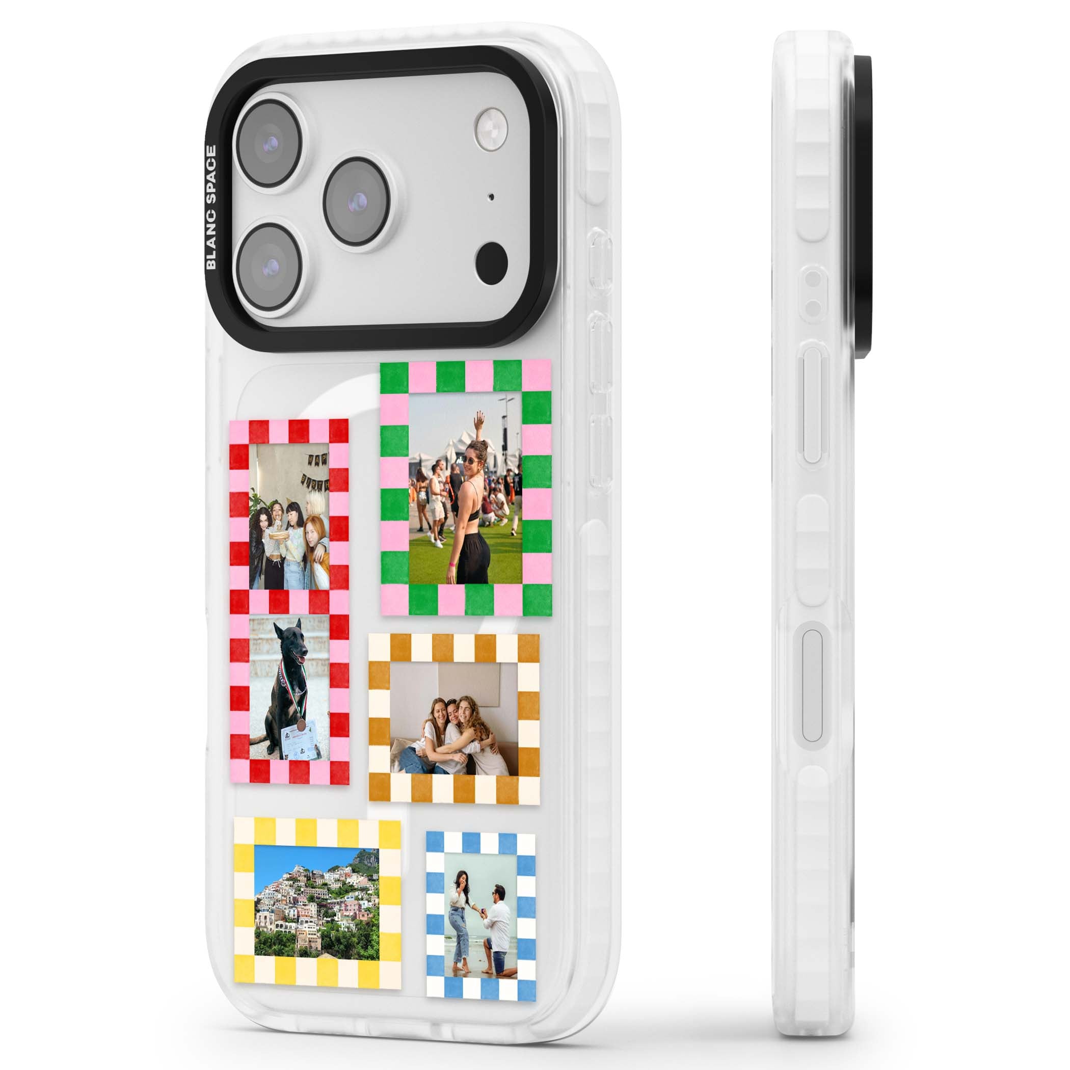 Italian Check Frames custom photo collage iPhone case featuring six checkered photo frames in red, green, pink and | Impact Magsafe case for iPhone 17 Pro, iPhone 17 Pro Max