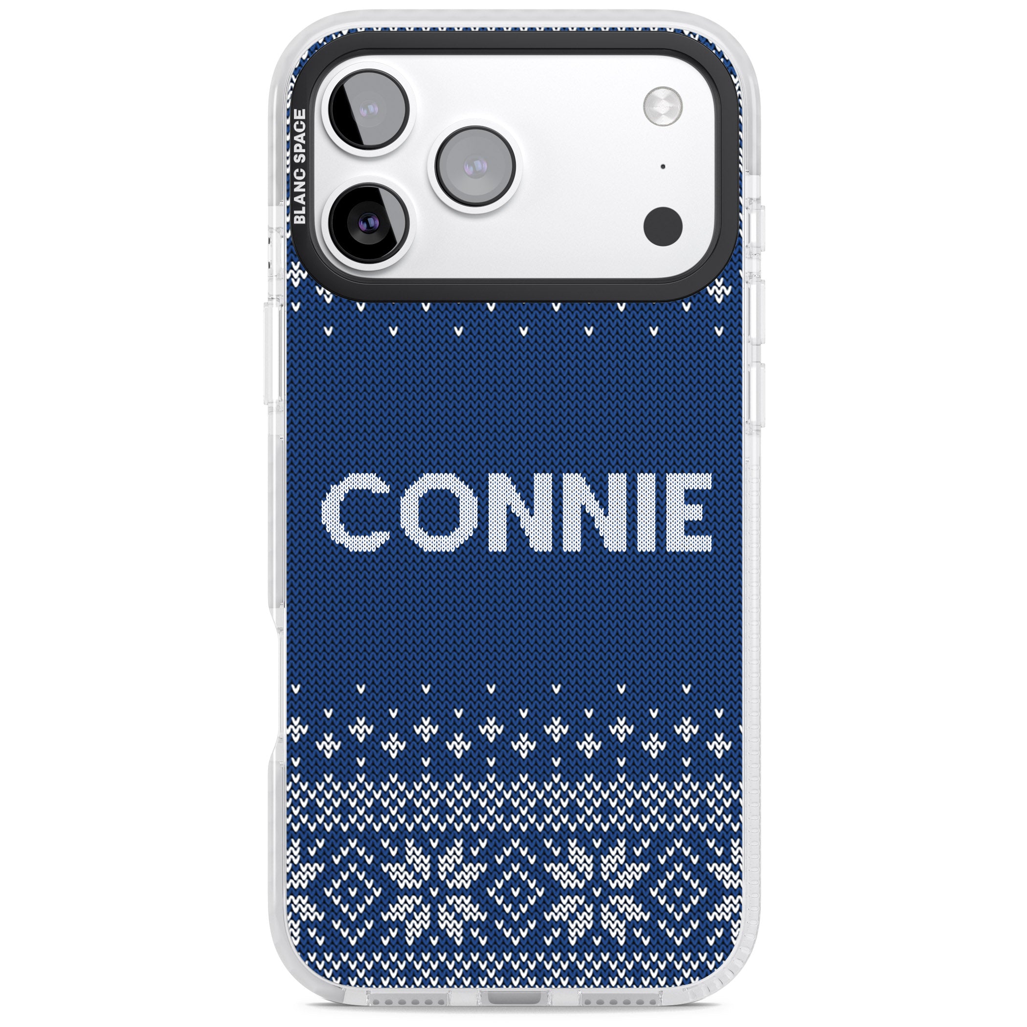 Personalised Blue Knitted Christmas iPhone 17 Pro Max Impact Pro Clear Phone Case