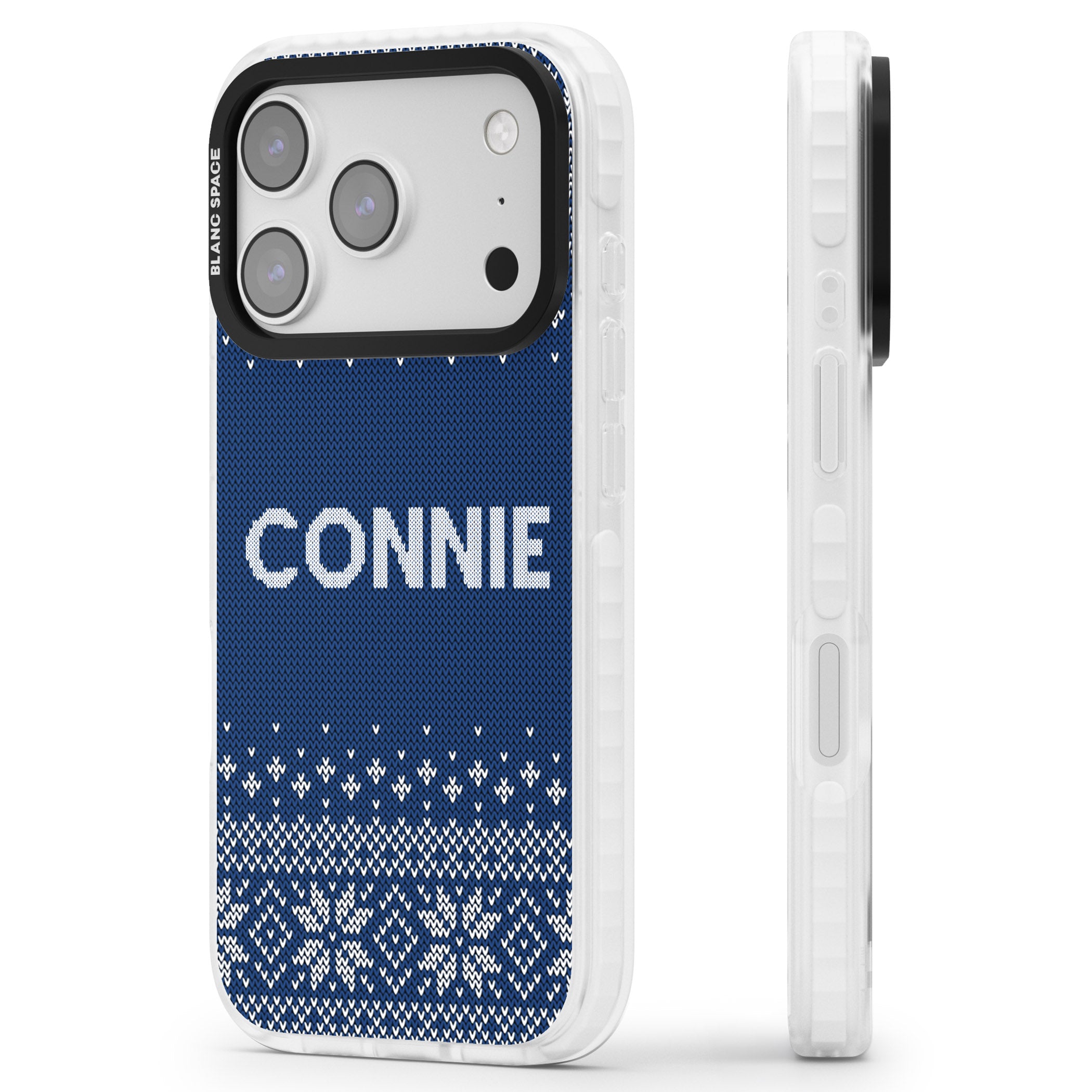 Personalised Blue Knitted Christmas iPhone 17 Pro Max Impact Pro Clear Phone Case Side Profile