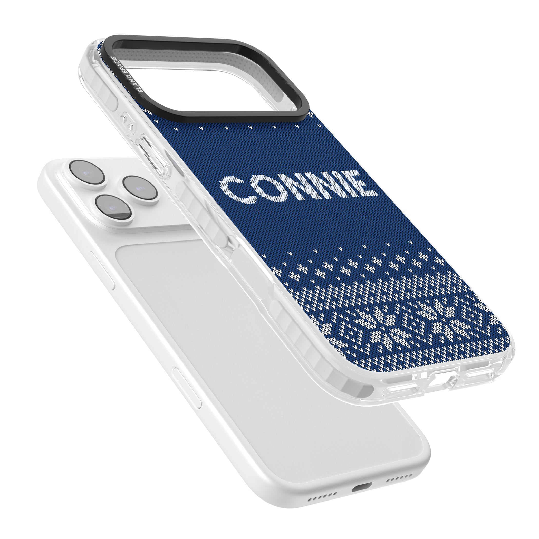 Personalised Blue Knitted Christmas iPhone 17 Pro Max Impact Pro Clear Phone Case Colours