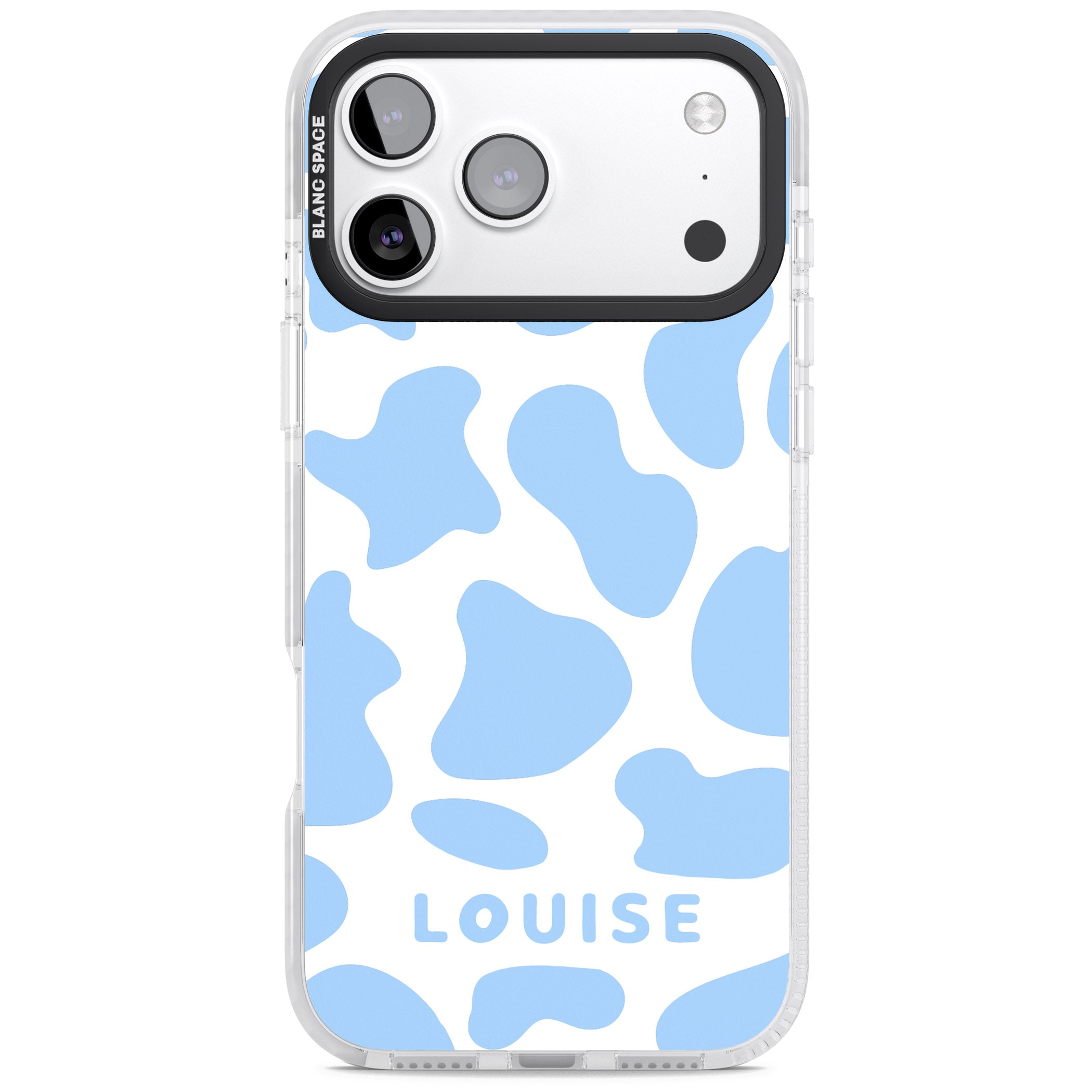 Personalised Blue And White Cow Print iPhone 17 Pro Impact Pro Clear Phone Case