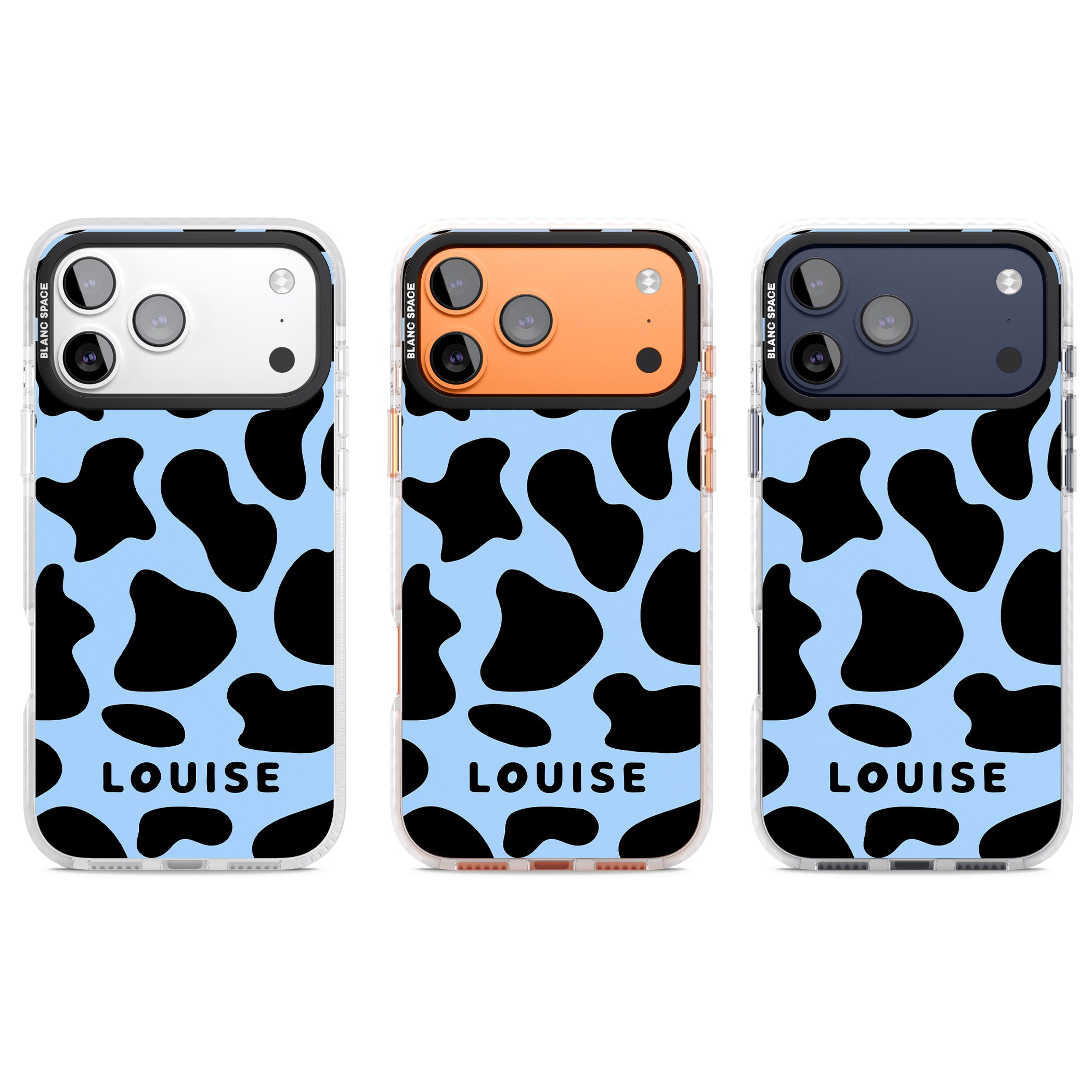 Personalised Blue And Black Cow Print iPhone 17 Pro Impact Pro Clear Phone Case APT Impact Protection