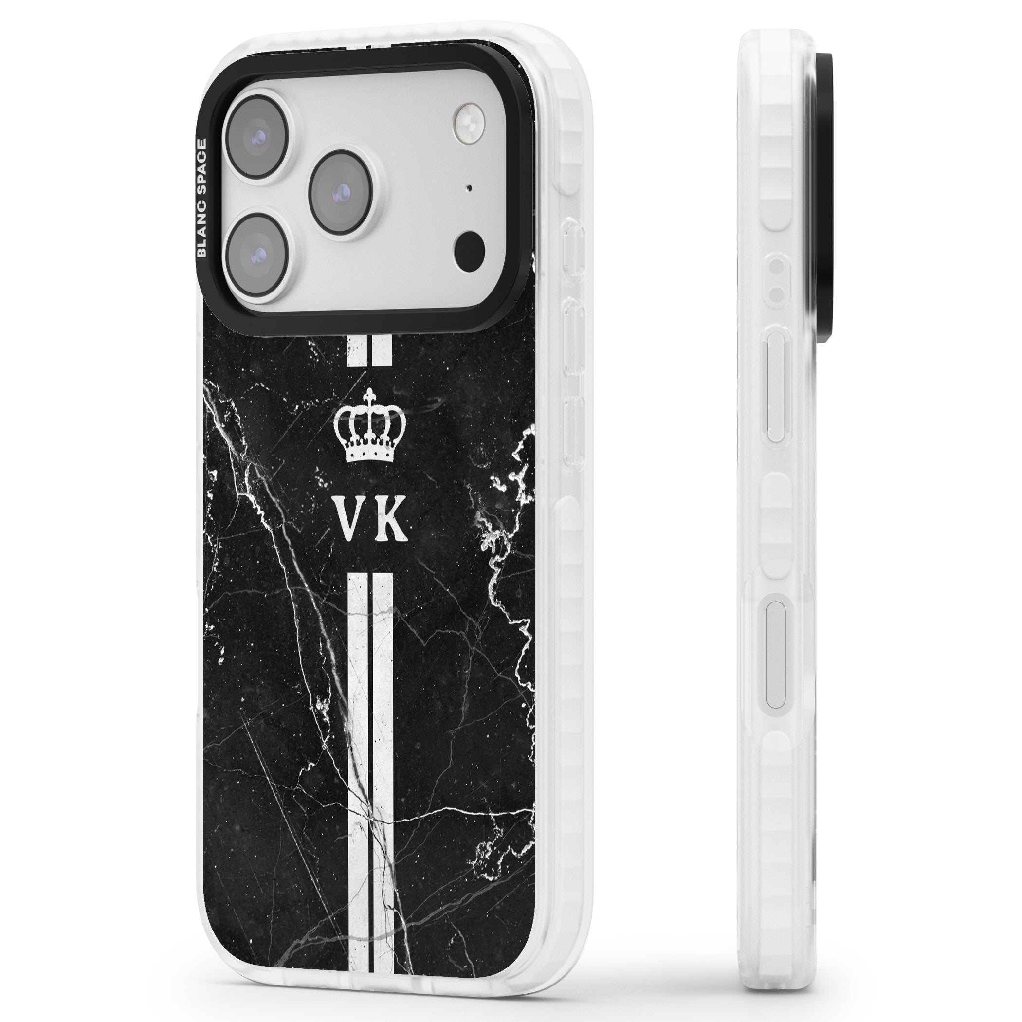 Personalised Black Marble Stripe Initials iPhone 17 Pro Max Impact Pro Clear Phone Case Side Profile