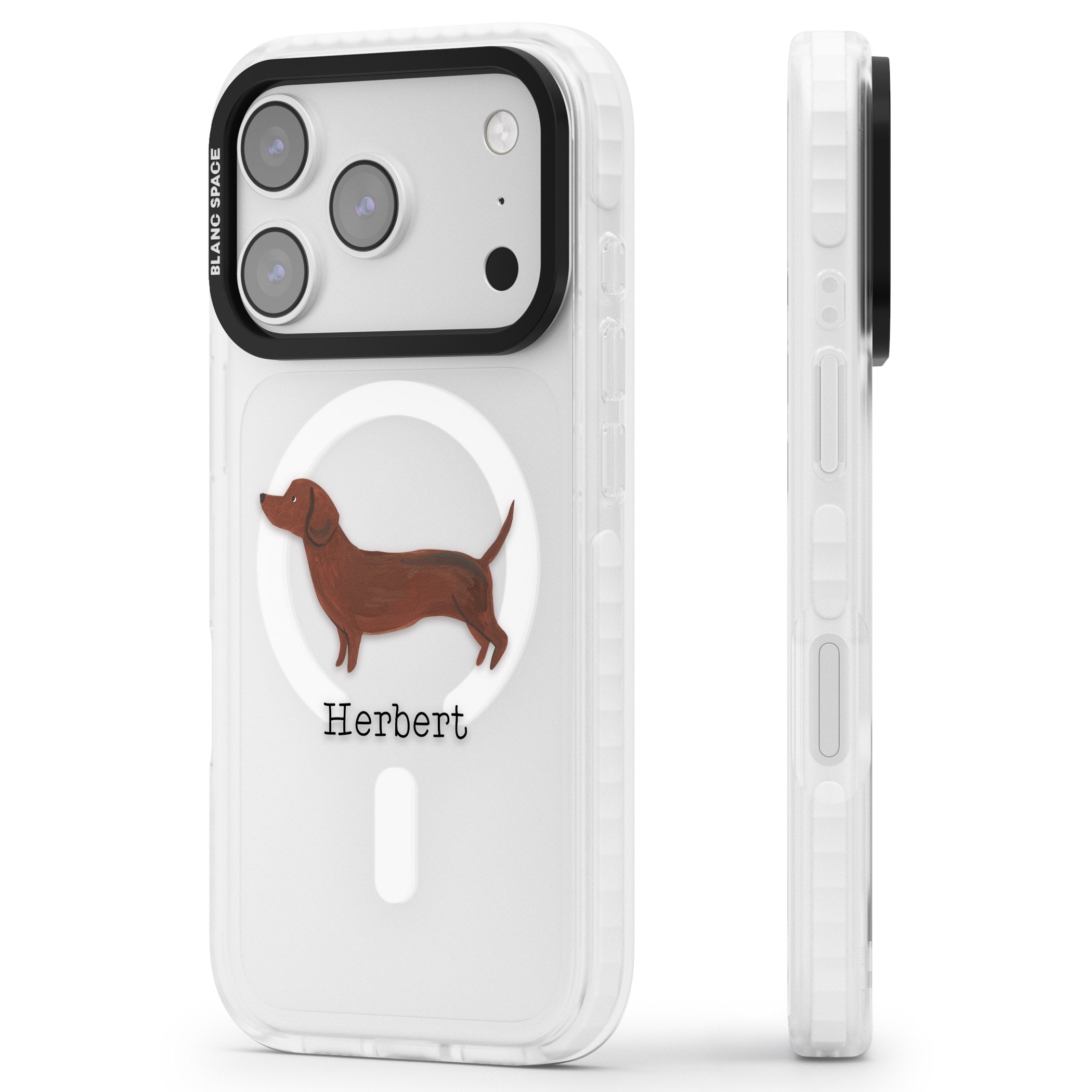 Personalised Sausage Dog iPhone 17 Pro Max Impact Pro Clear Phone Case Side Profile