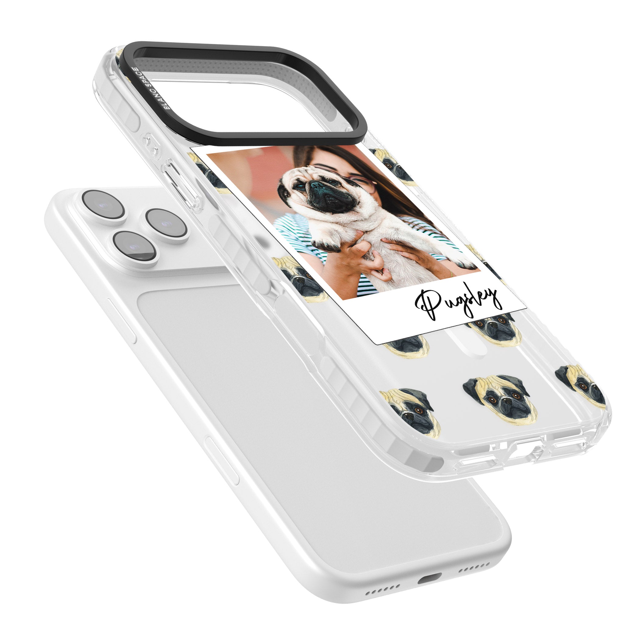 Personalised Pug Instant Camera Photo iPhone 17 Pro Impact Pro Clear Phone Case Colours