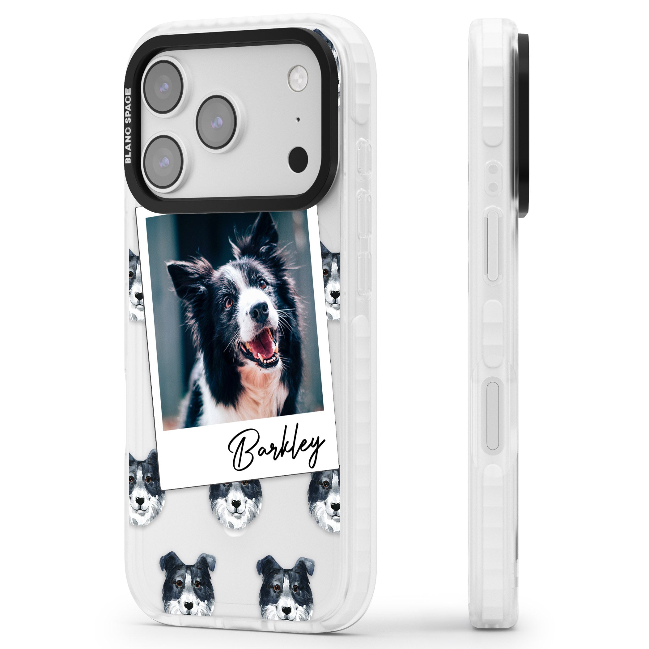 Personalised Border Collie Instant Camera Photo iPhone 17 Pro Max Impact Pro Clear Phone Case Side Profile