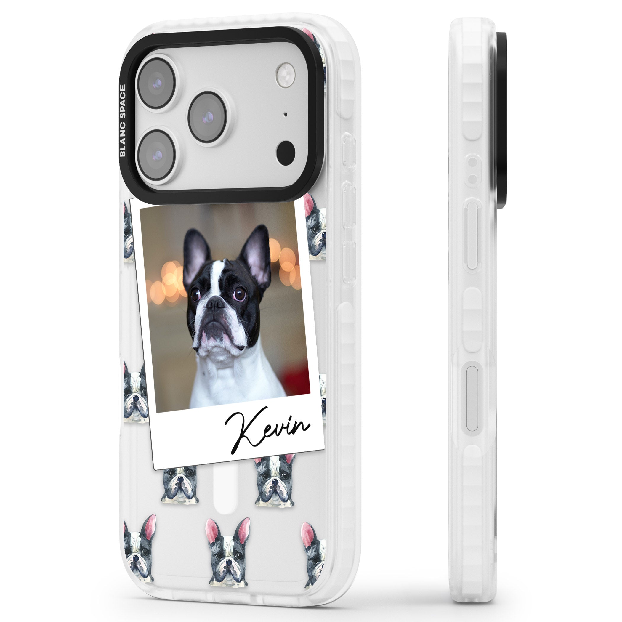 Personalised Black & White French Bulldog Instant Camera Photo iPhone 17 Pro Impact Pro Clear Phone Case Side Profile