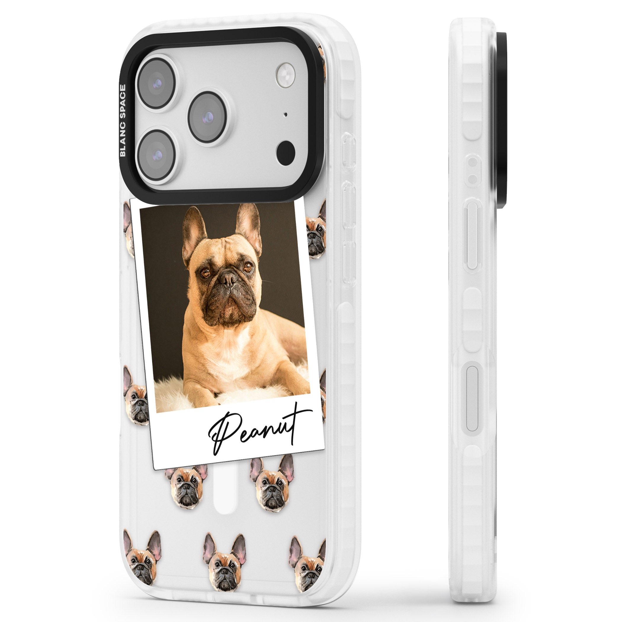Personalised Tan French Bulldog Instant Camera Photo iPhone 17 Pro Max Impact Pro Clear Phone Case Side Profile