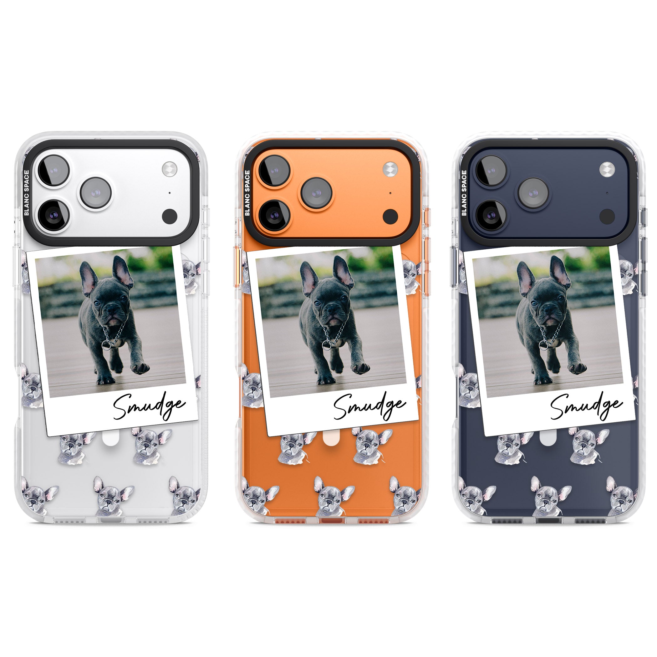 Personalised Grey French Bulldog Instant Camera Photo iPhone 17 Pro Impact Pro Clear Phone Case APT Impact Protection