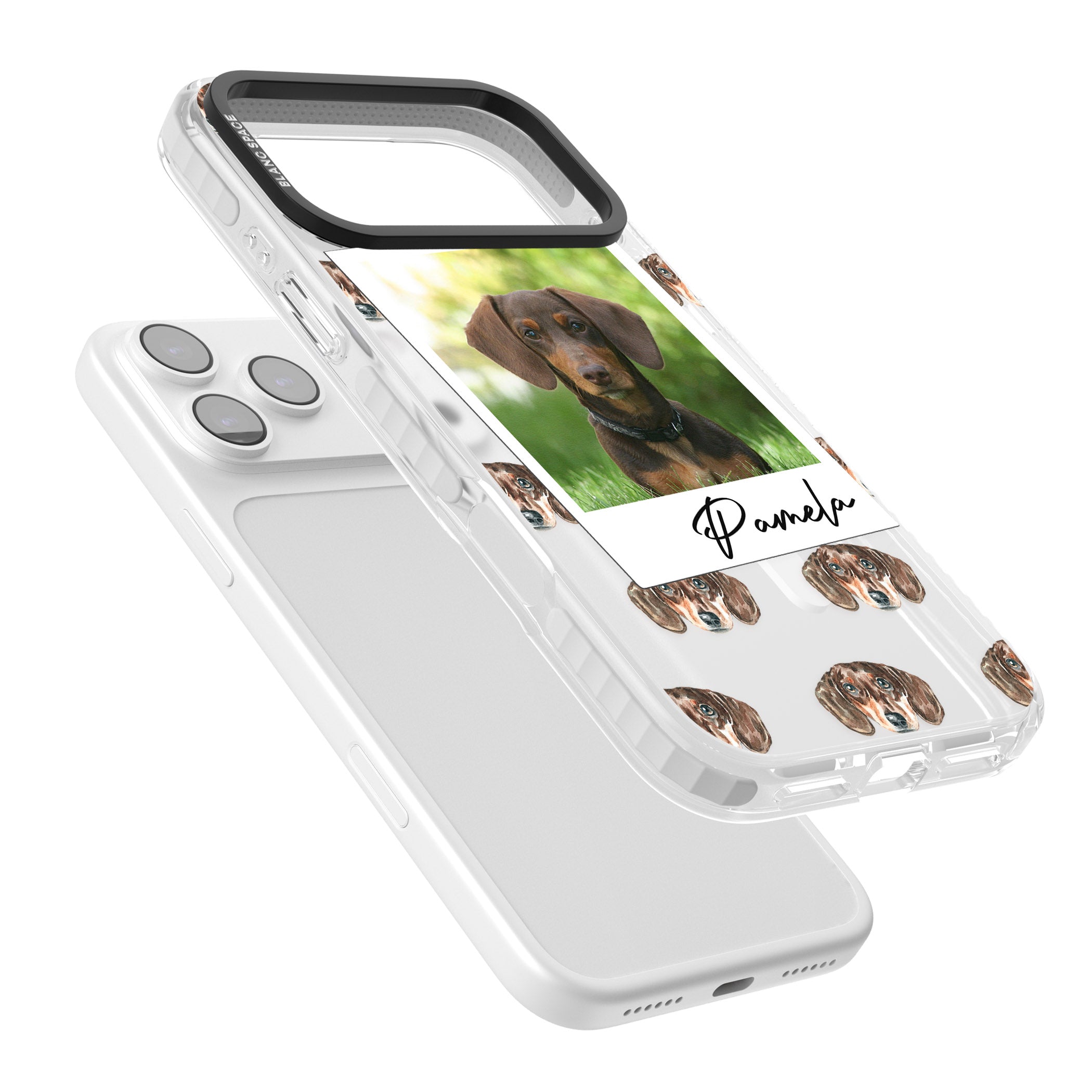 Personalised Brown Dachshund Instant Camera Photo iPhone 17 Pro Impact Pro Clear Phone Case Colours