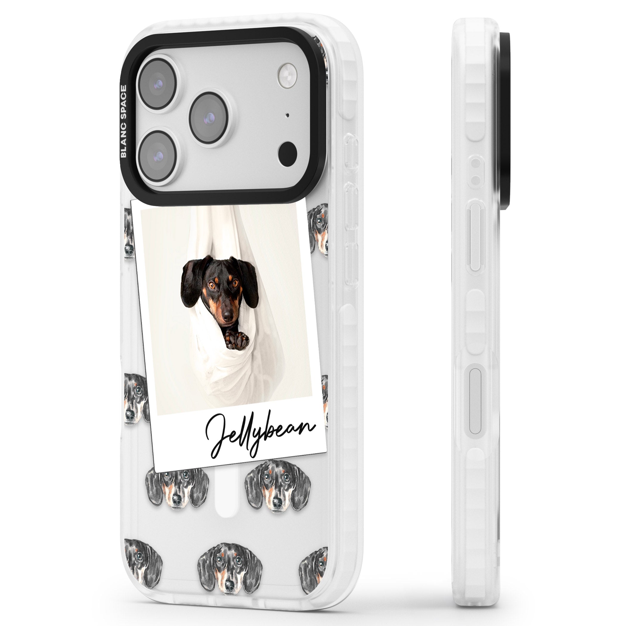 Personalised Black Dachshund Instant Camera Photo iPhone 17 Pro Max Impact Pro Clear Phone Case Side Profile