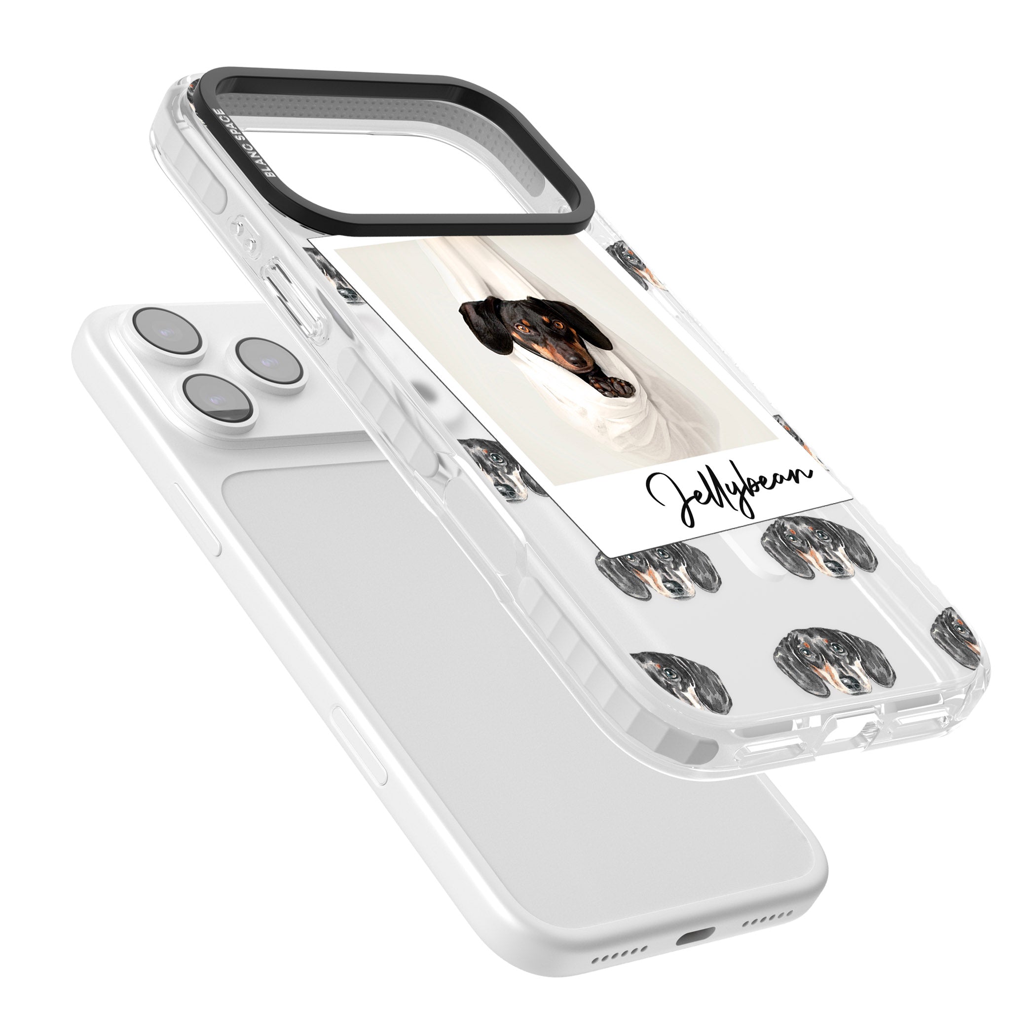 Personalised Black Dachshund Instant Camera Photo iPhone 17 Pro Impact Pro Clear Phone Case Colours