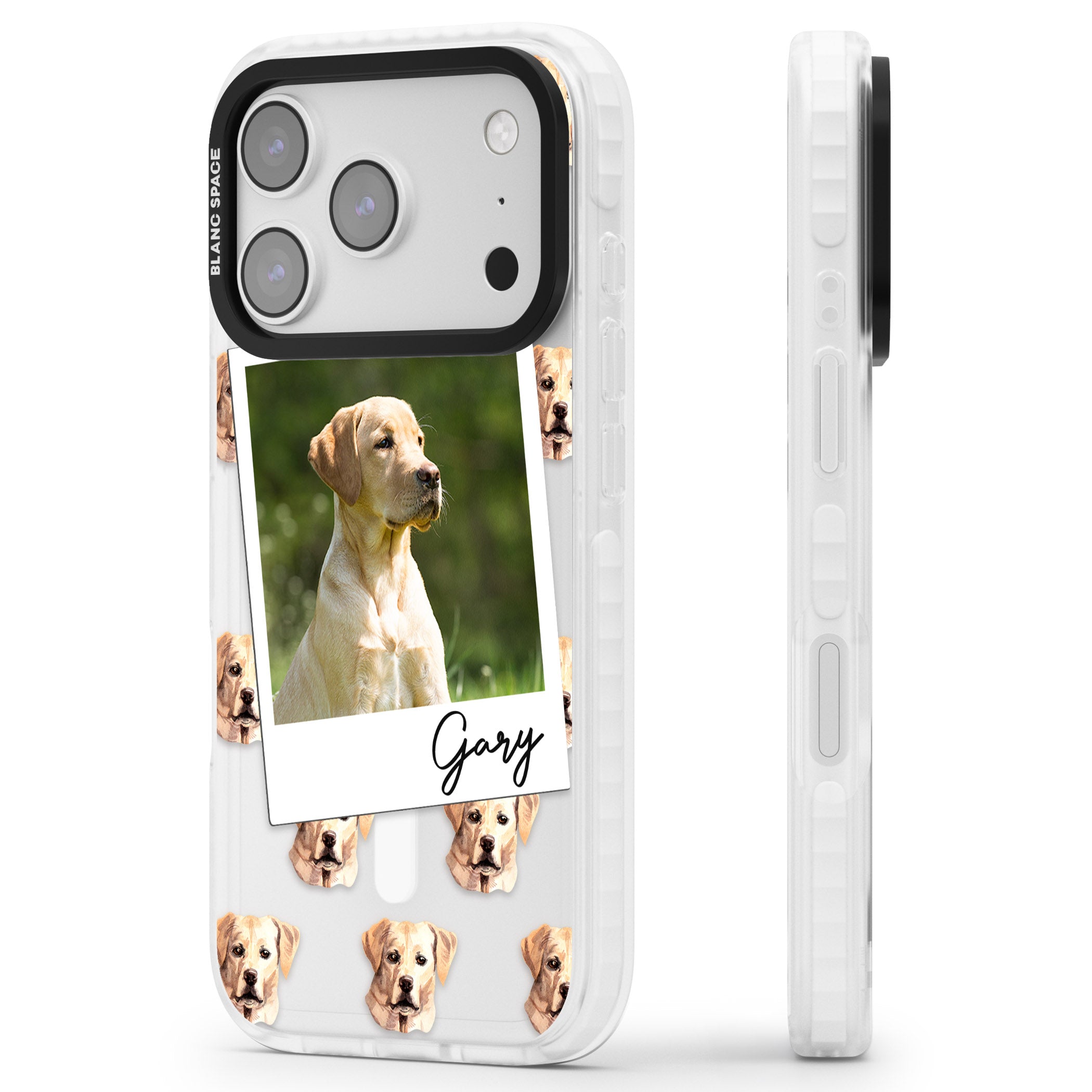 Personalised Tan Black Labrador Instant Camera Photo iPhone 17 Pro Impact Pro Clear Phone Case Side Profile