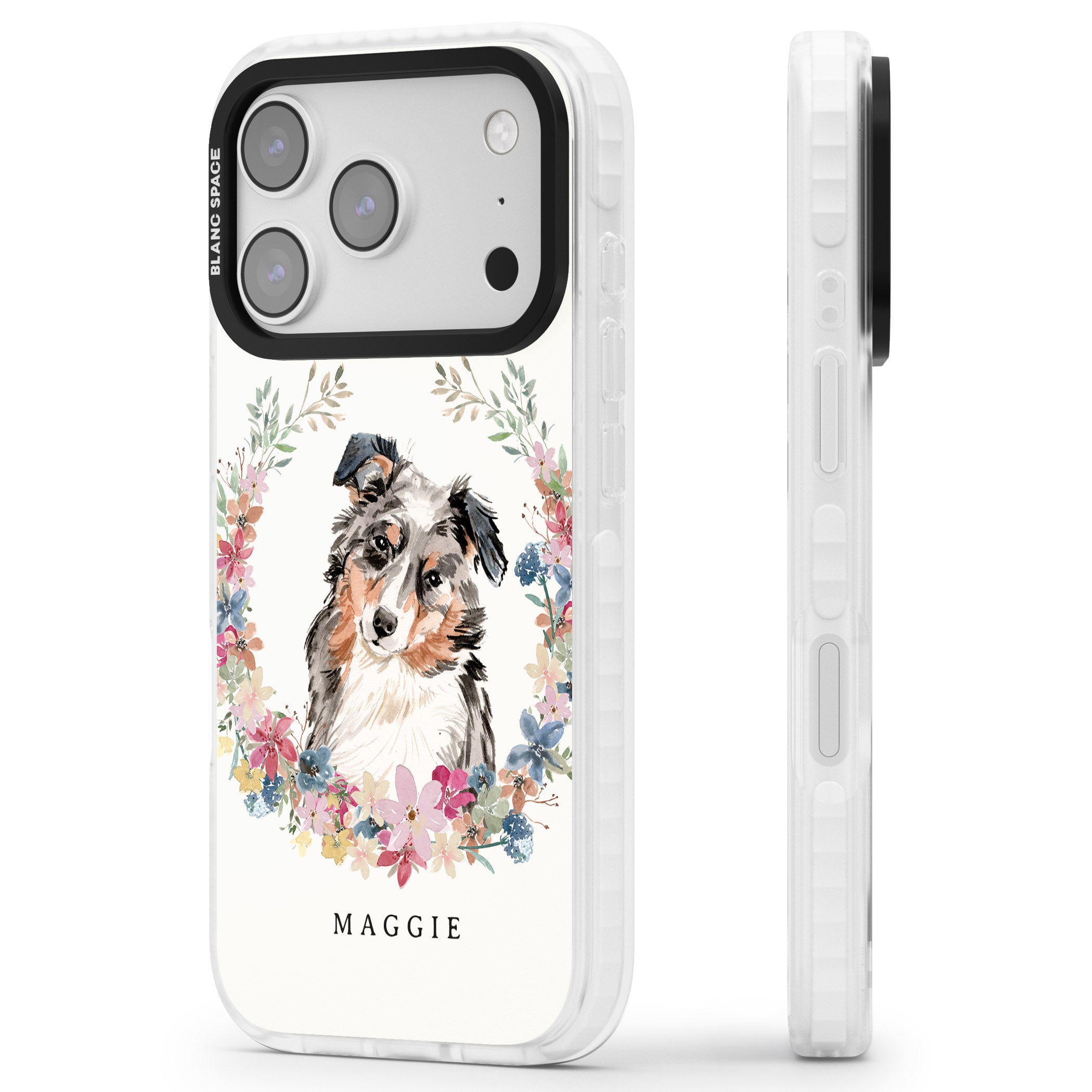 Personalised Australian Shepherd Floral Portrait iPhone 17 Pro Impact Pro Clear Phone Case Side Profile